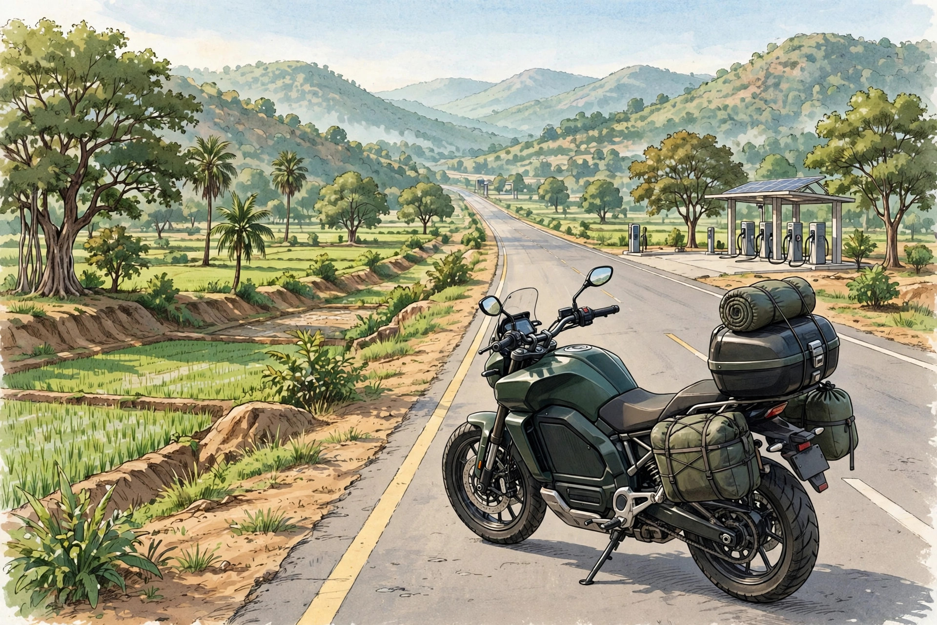 Electric bike on a highway touring route with charging stop ahead