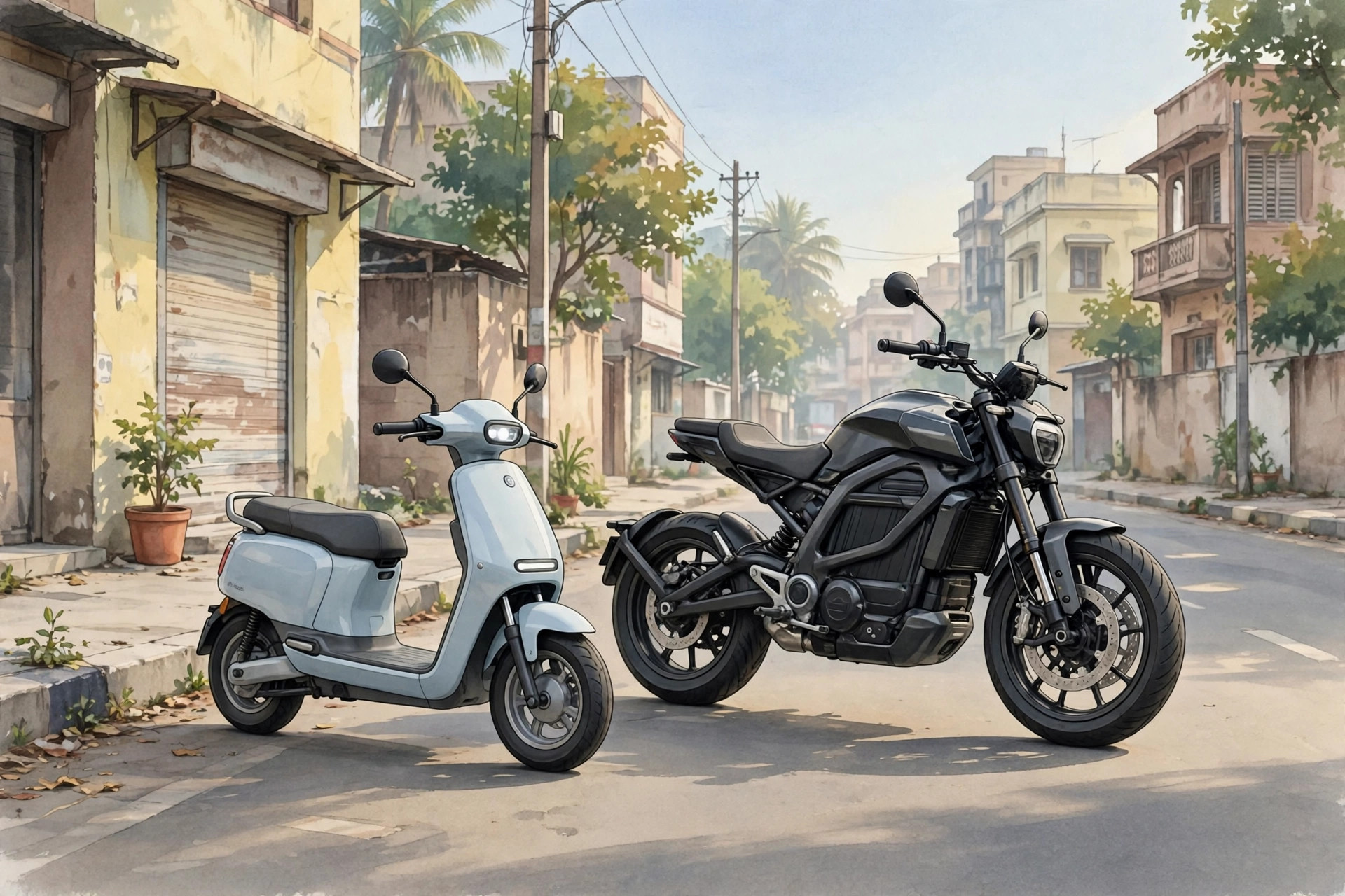 Electric scooter and electric motorcycle parked side by side on a city road