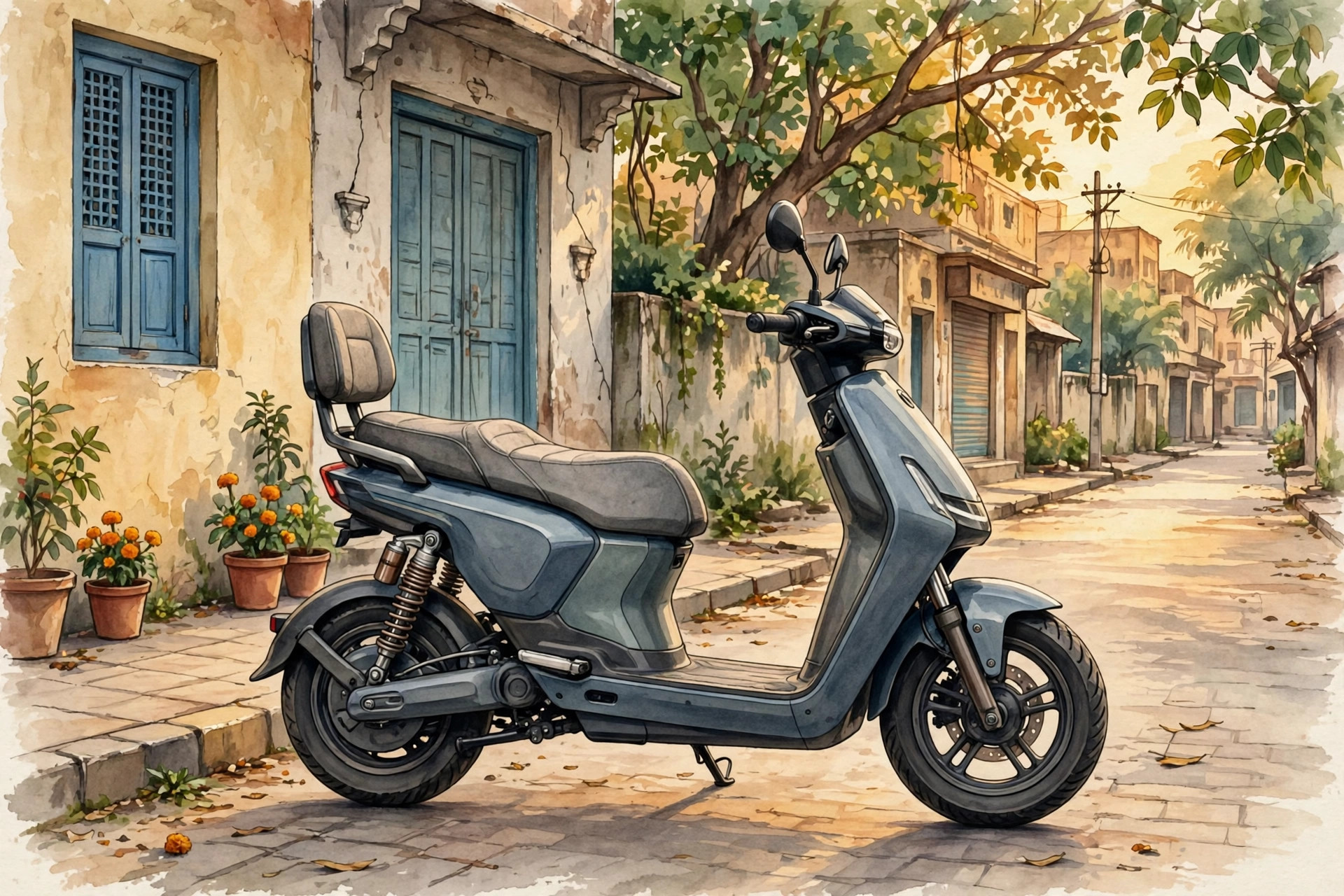 Electric scooter parked on a city street with a comfortable upright seat