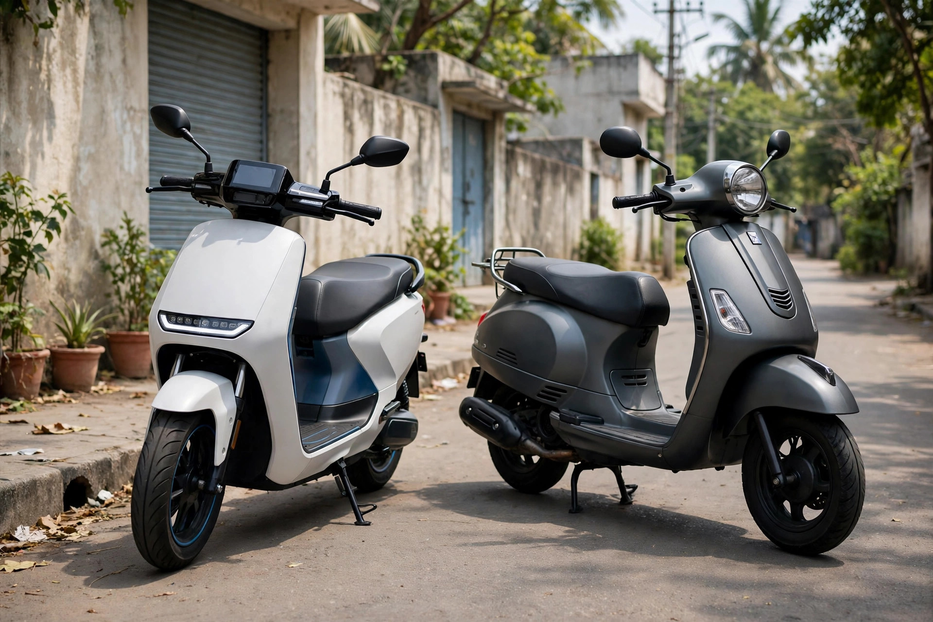 A side-by-side comparison scene of an electric scooter and a petrol scooter parked on a city road, no people or text visible.