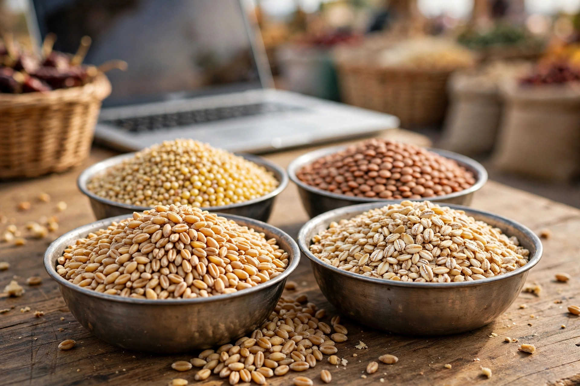 A farmer's produce lot with grain samples in small bowls at a mandi assaying table beside a laptop, with no people visible.