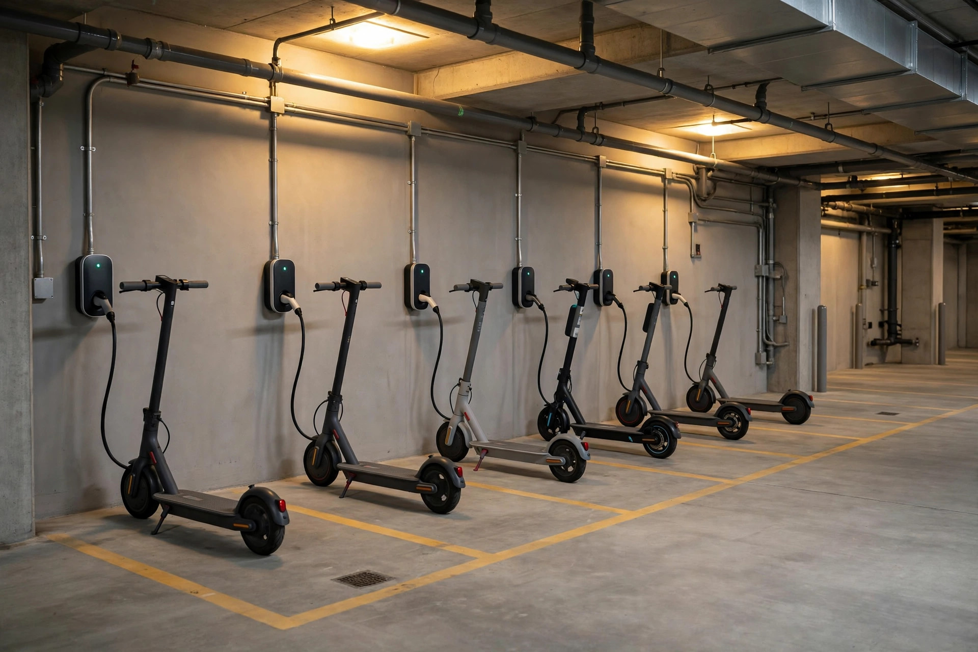 Neat row of electric scooters charging at wall-mounted points in an apartment basement parking area