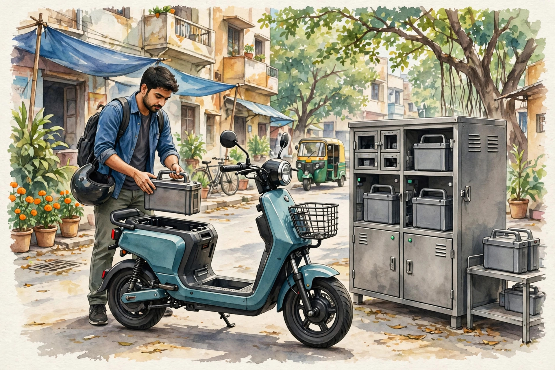 Electric scooter rider at a battery swapping station in an Indian city