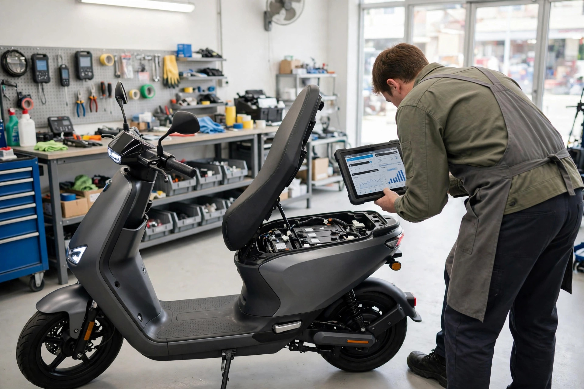 Technician inspecting an electric scooter battery in a service workshop
