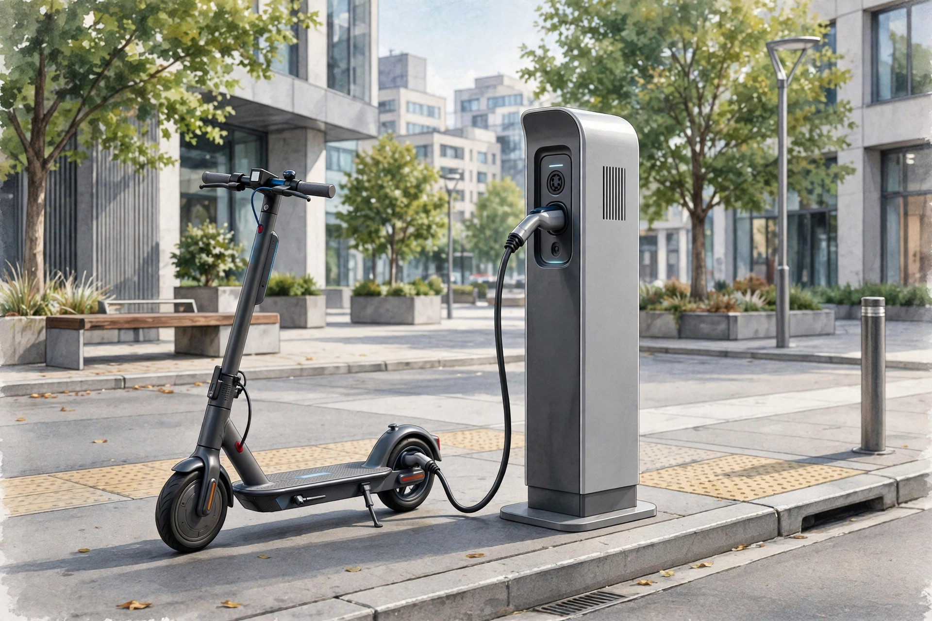 Electric scooter plugged into a public charging station in a city