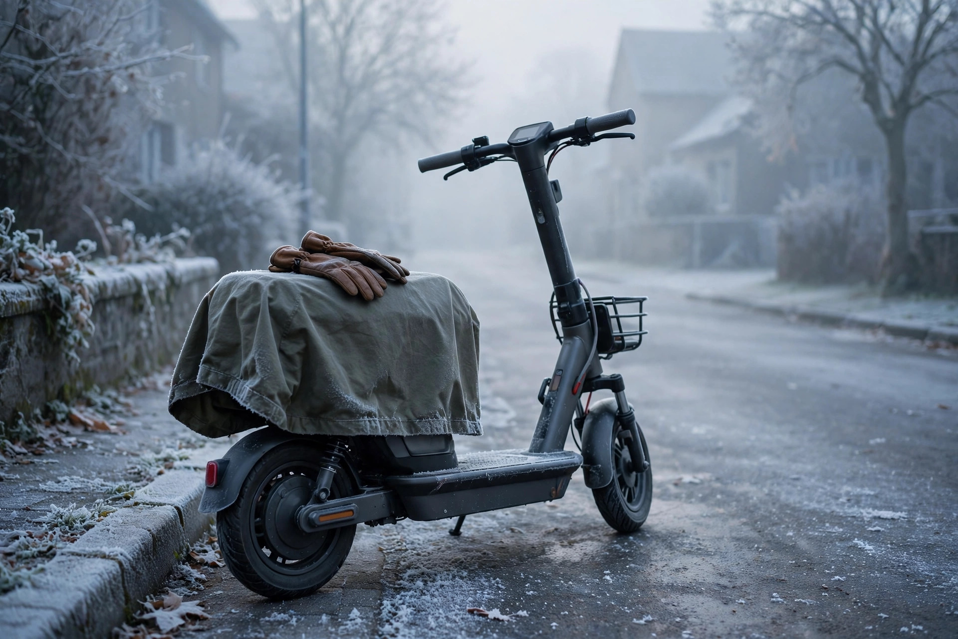 Electric scooter parked on a misty winter morning street with frost on nearby surfaces