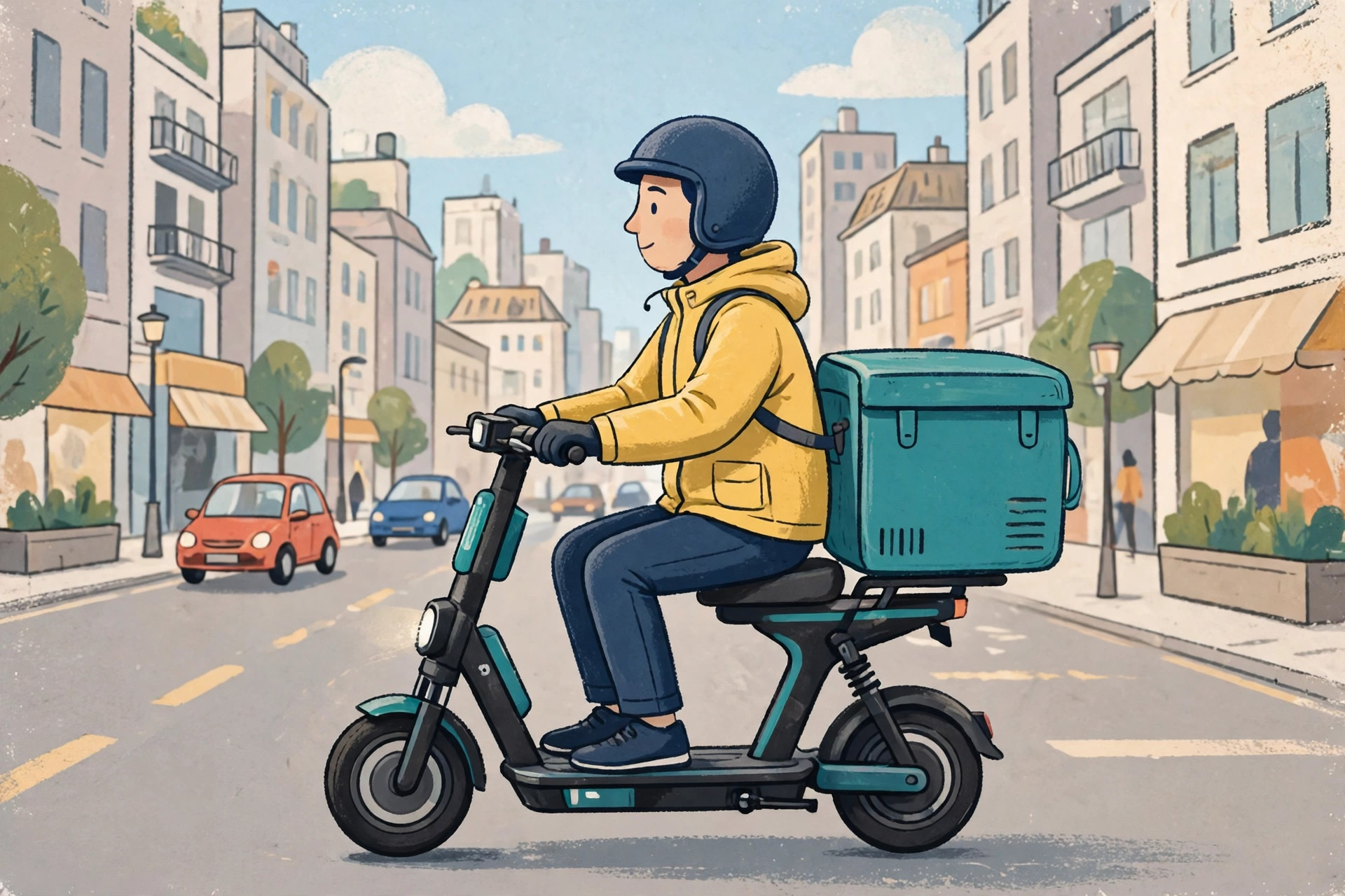 Delivery rider with a box on an electric scooter in city traffic
