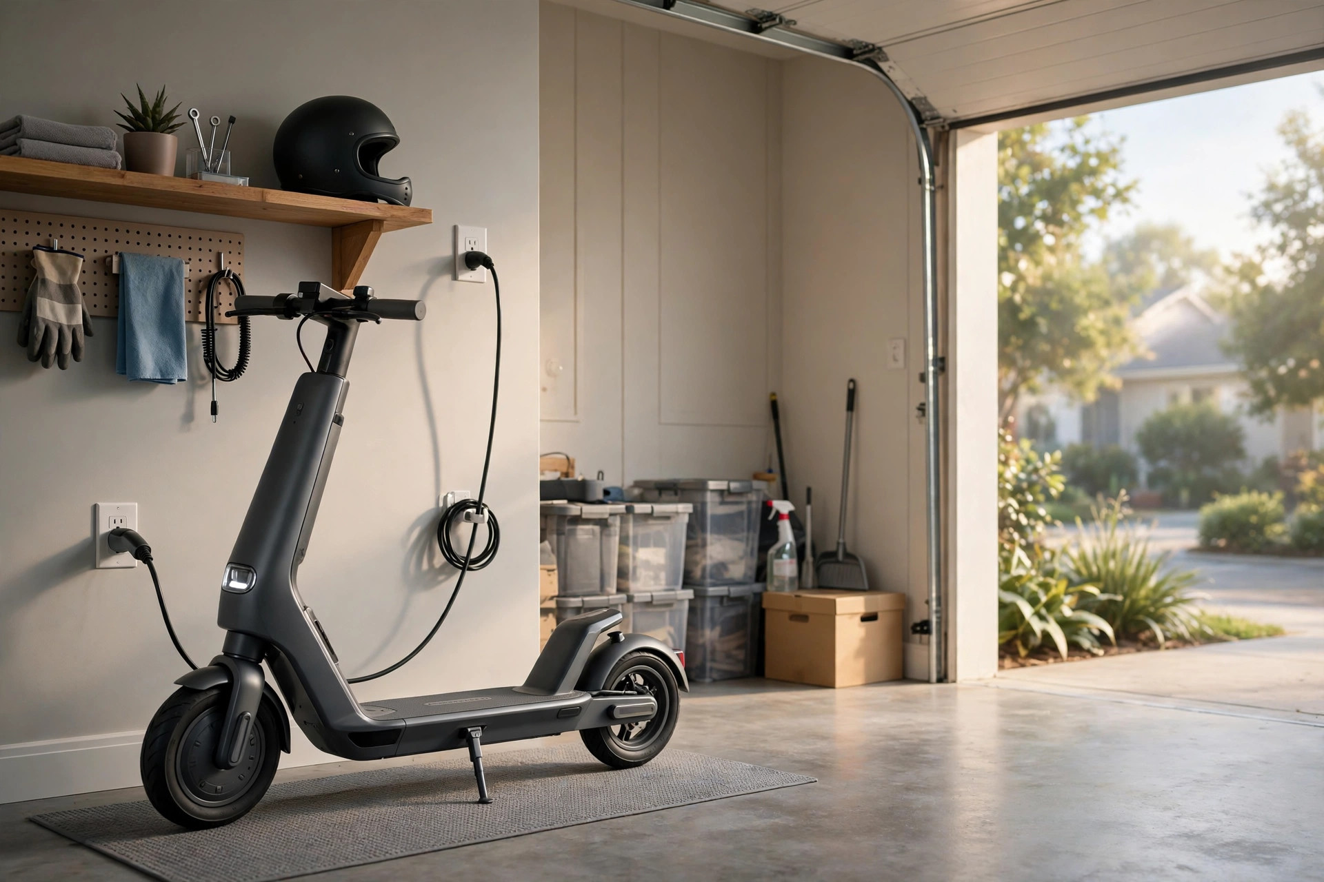 New electric scooter in a tidy home garage next to a wall charging socket