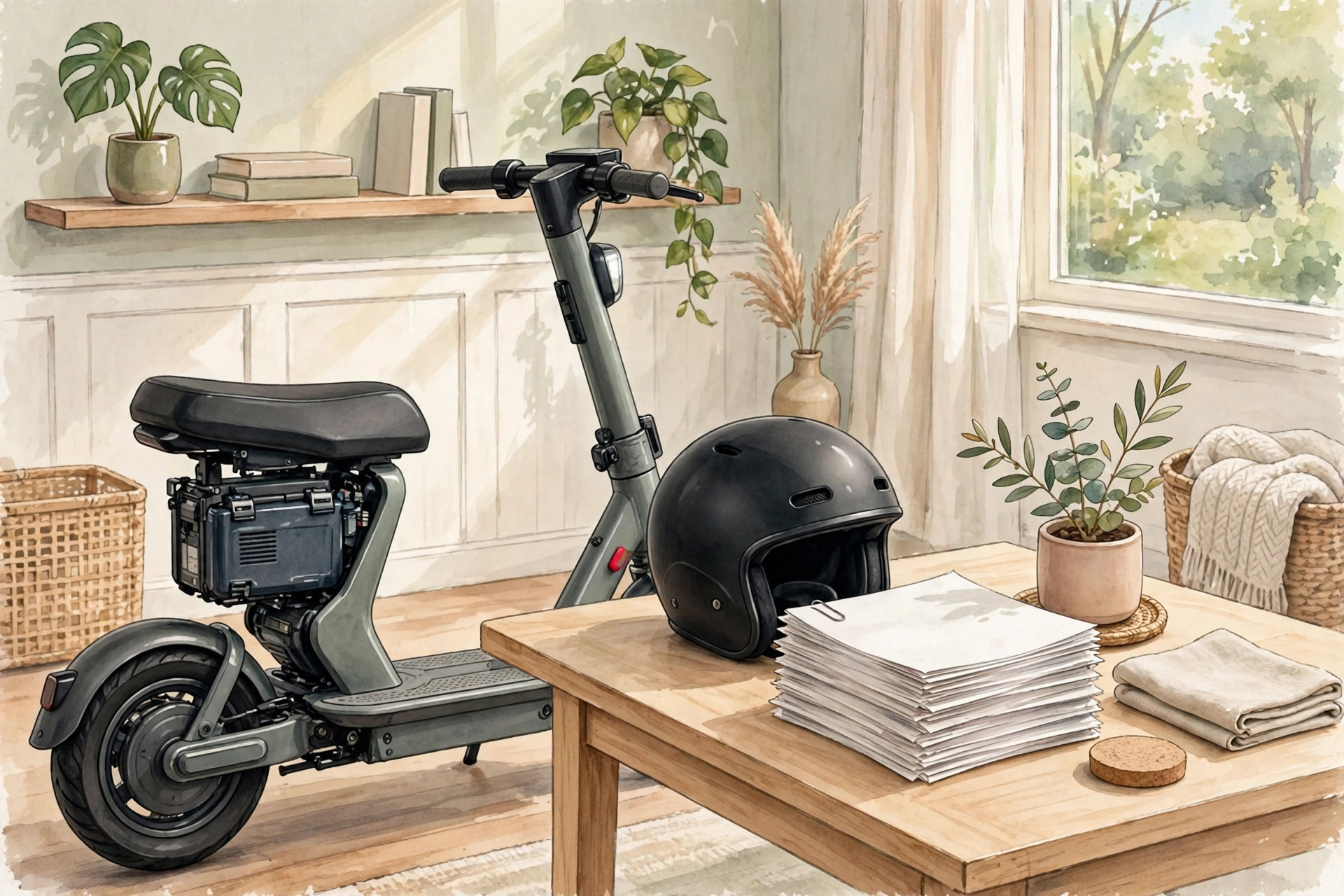 Electric scooter parked beside insurance documents and a helmet