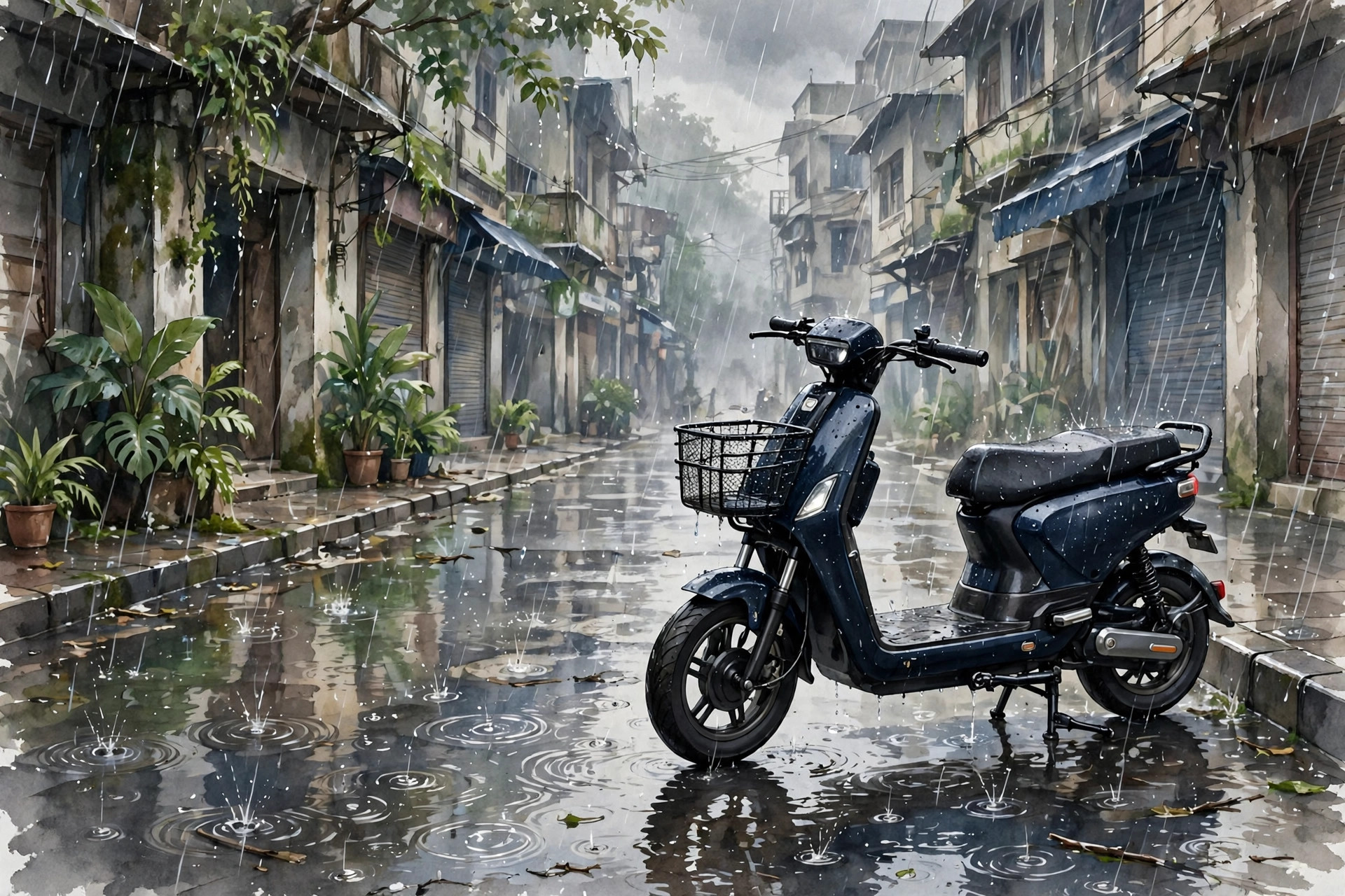 Electric scooter parked on a wet street in monsoon rain