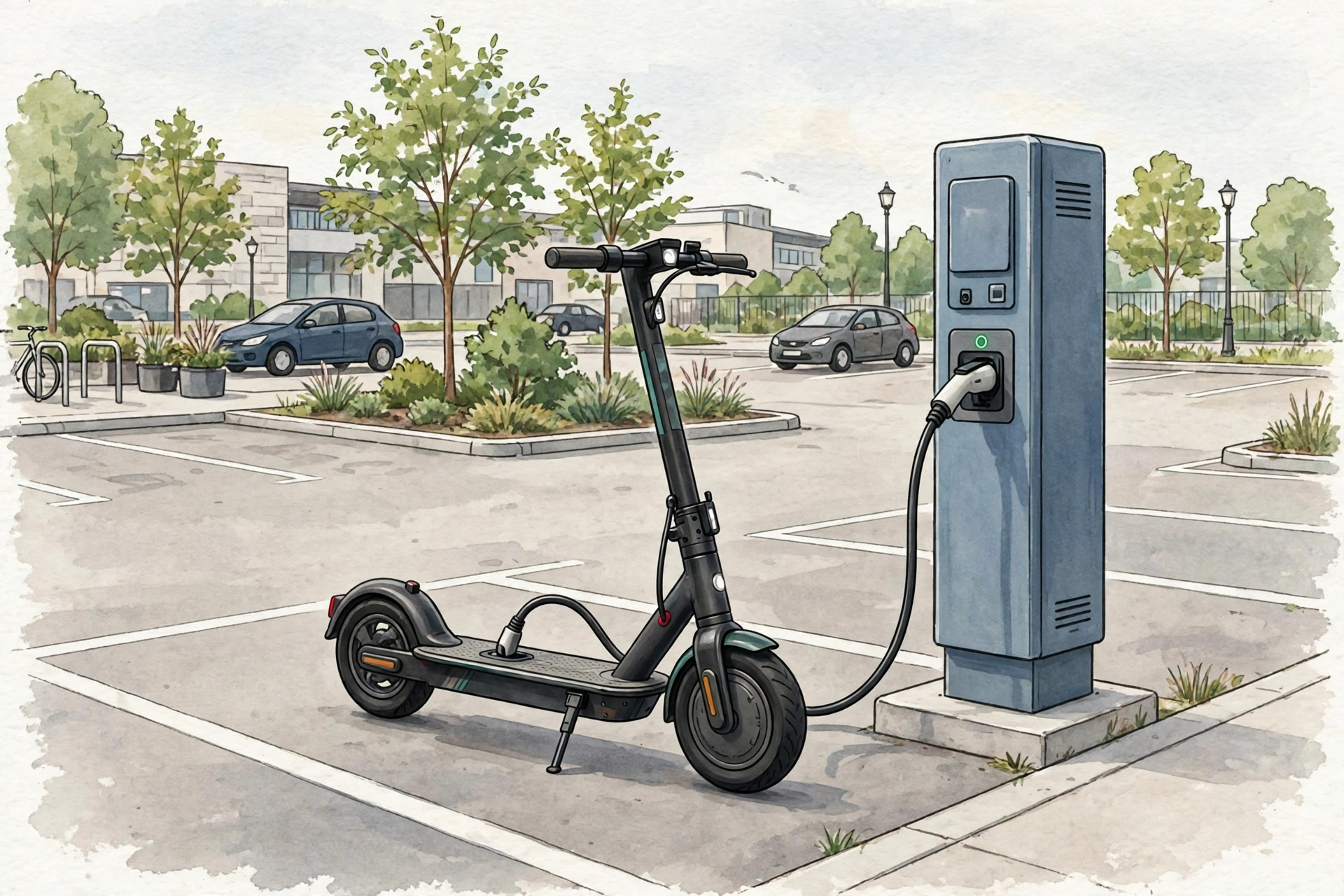 Electric scooter plugged into a public charging point in a parking area