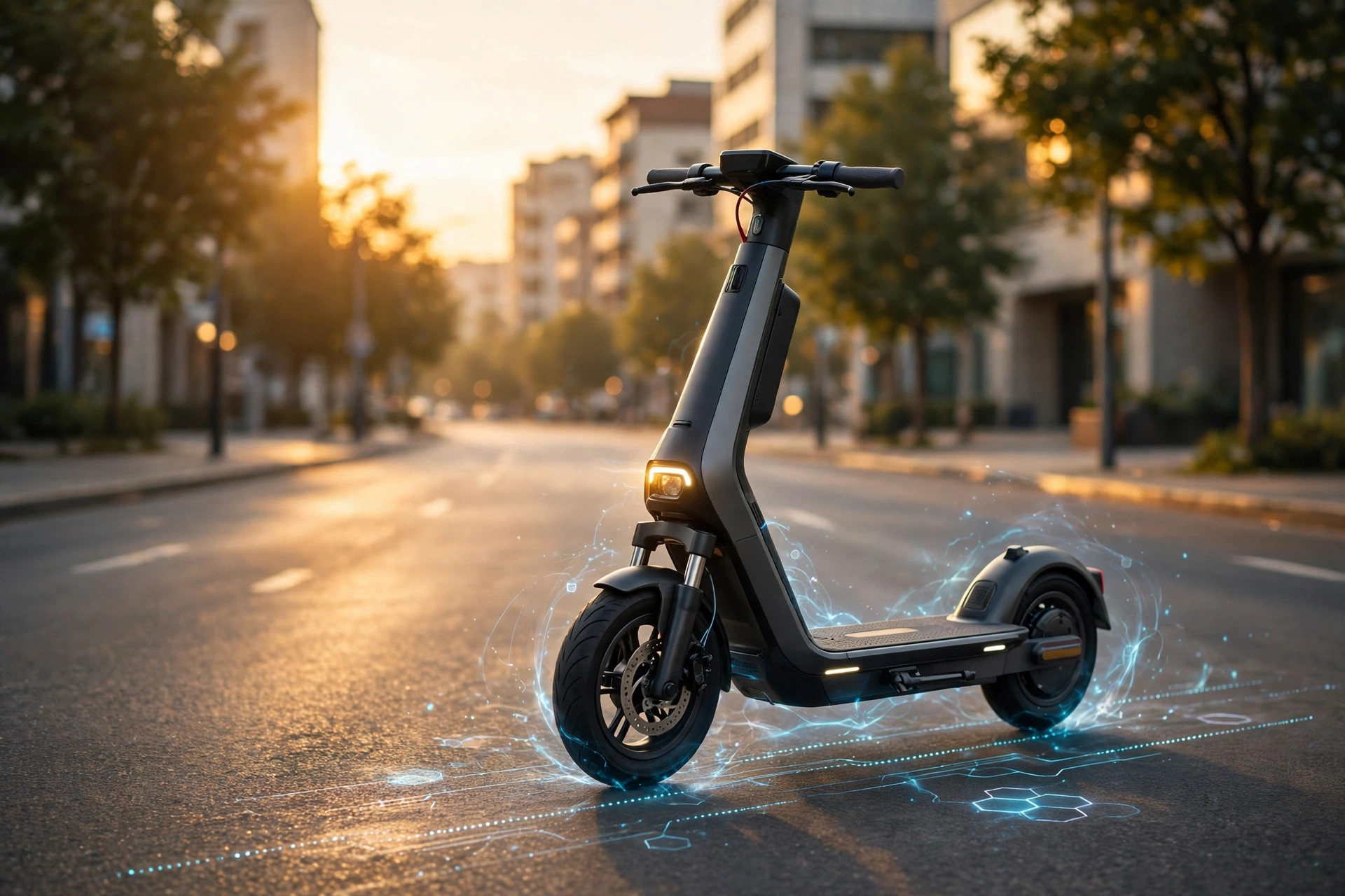 An electric scooter riding on a city road with a battery range display concept, open road and skyline, no people close-up or text visible.