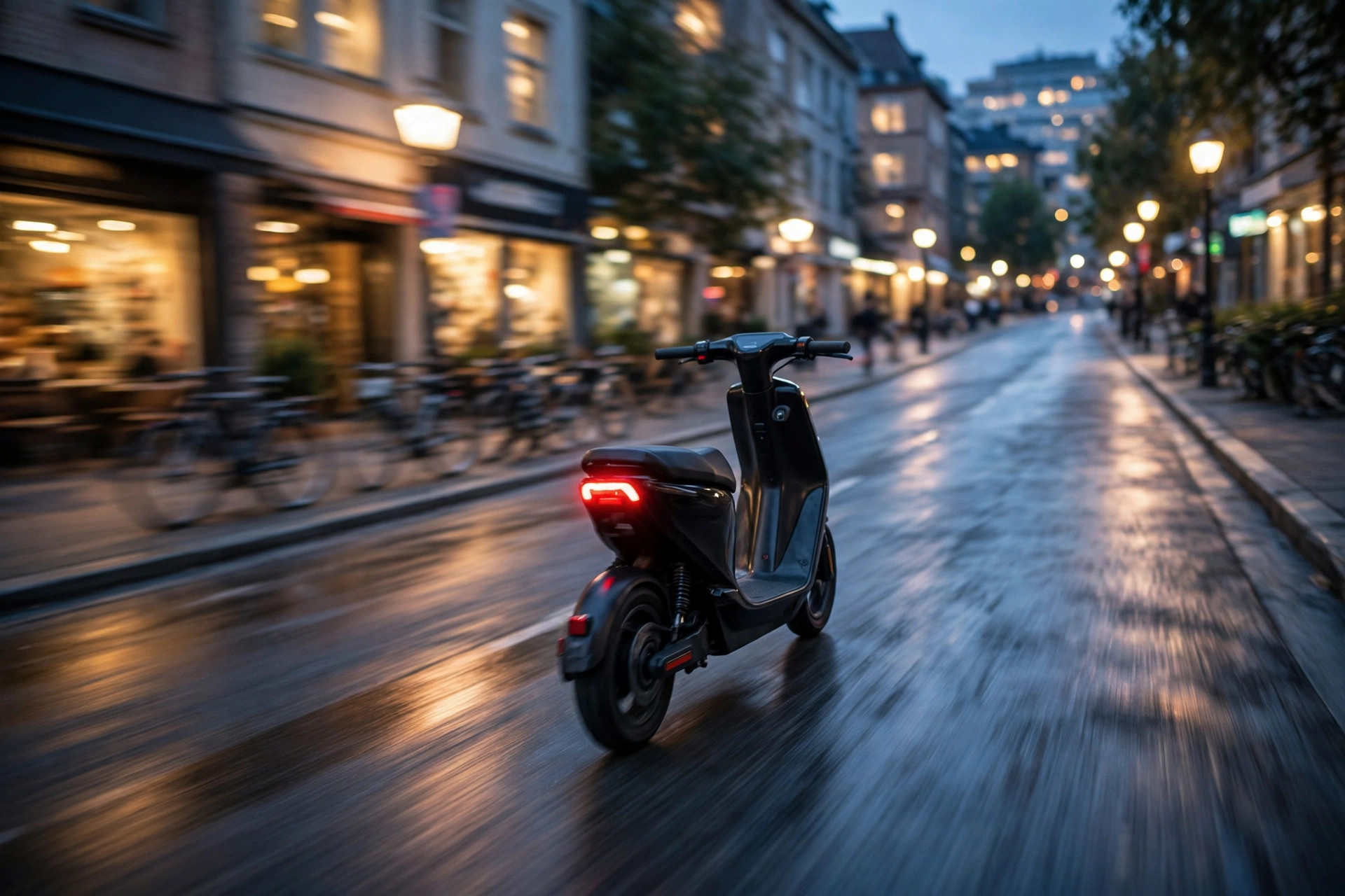 Electric scooter riding down a city slope at dusk with its brake light glowing