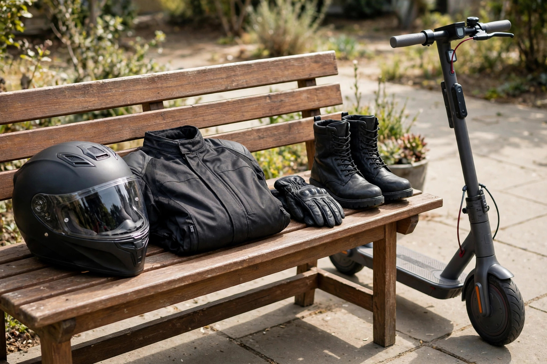 Riding helmet, jacket, gloves and sturdy shoes arranged on a bench beside an electric scooter
