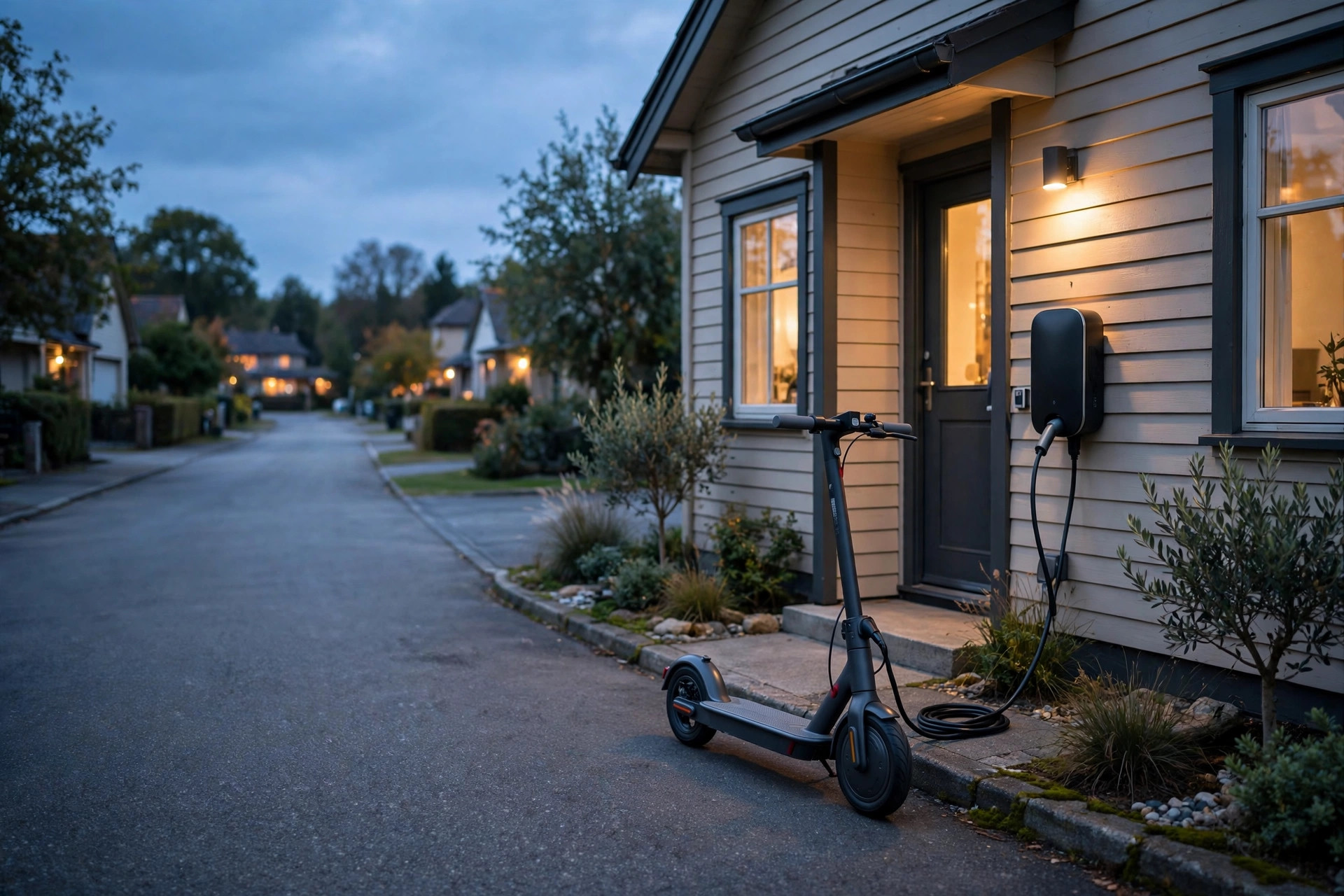 Electric scooter parked beside a house charging point at dusk