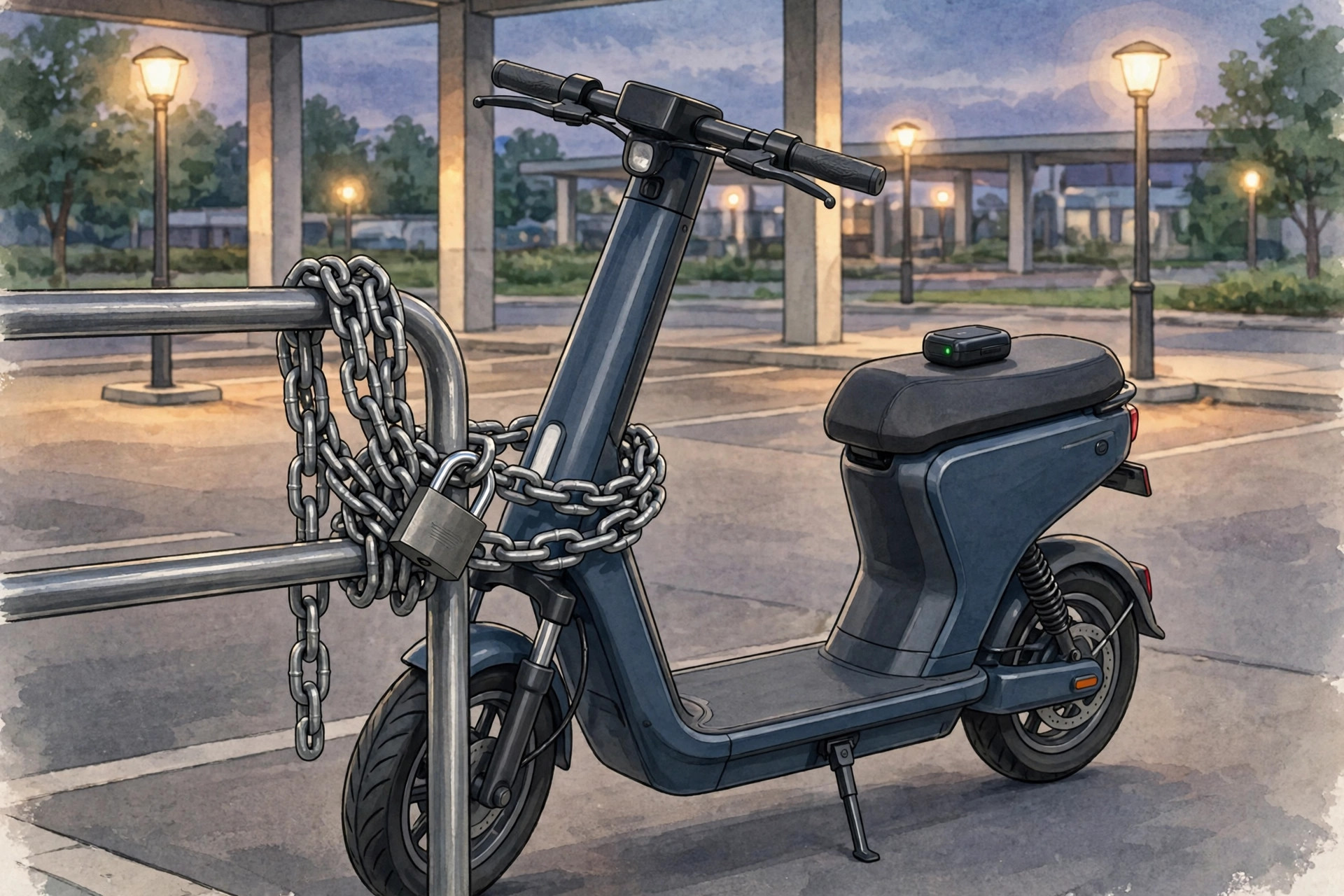 Electric scooter secured with a heavy chain lock in a well-lit parking area