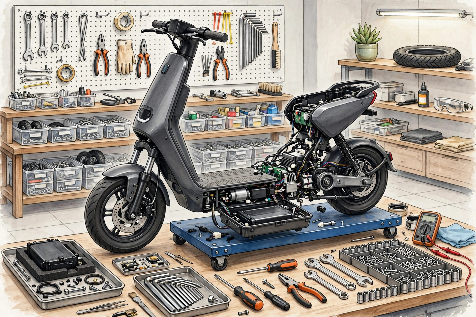 Electric scooter being serviced in a workshop