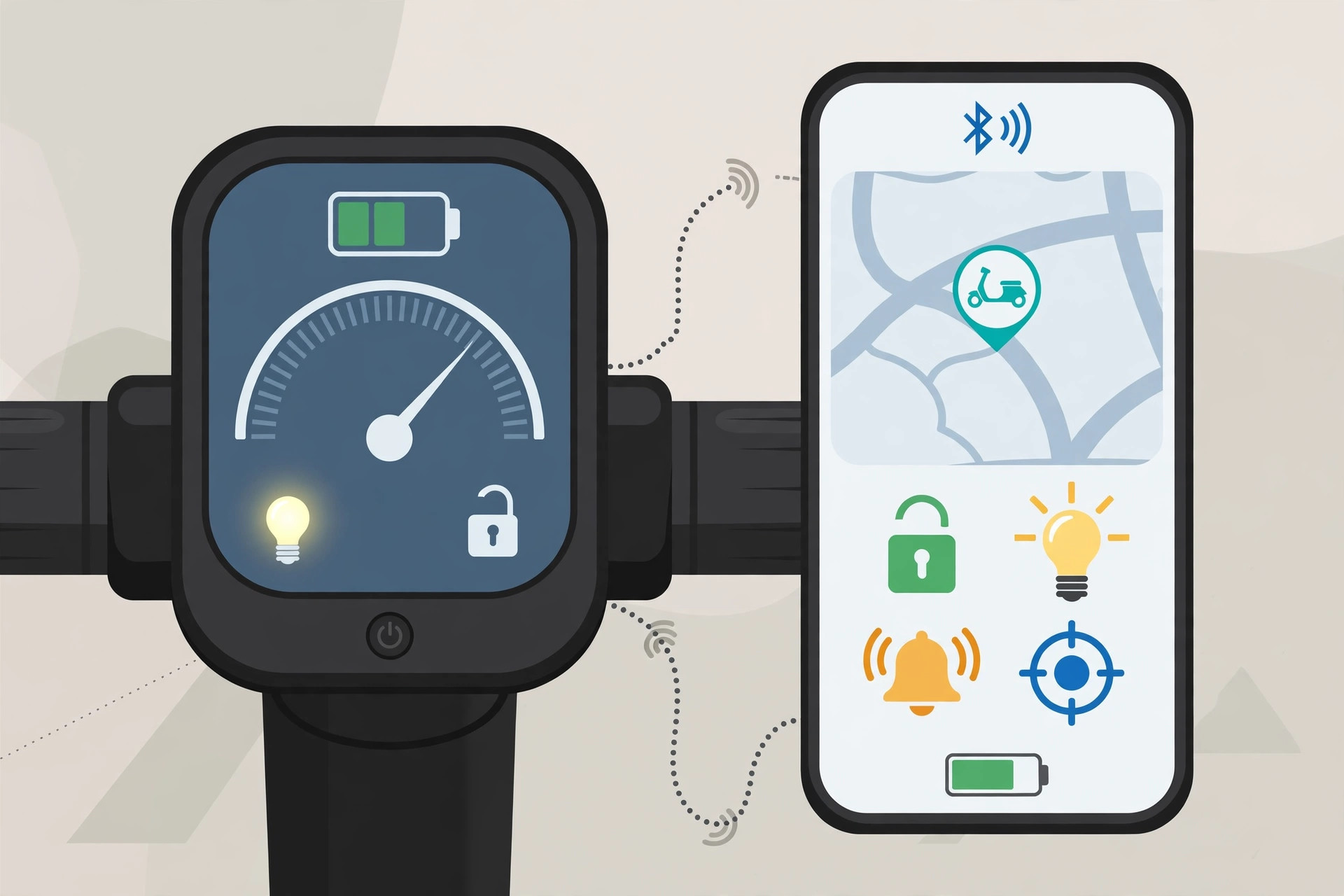 Electric scooter dashboard and phone app showing connected features