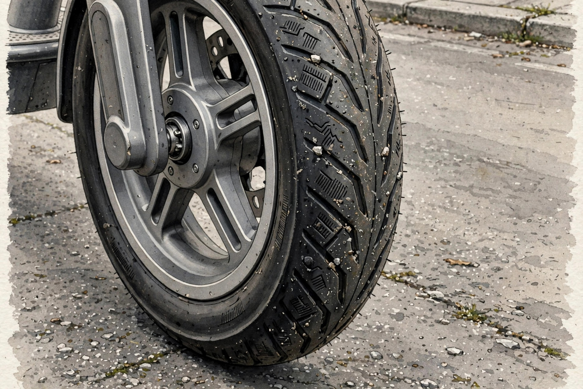Close-up of an electric scooter tyre tread on a city road