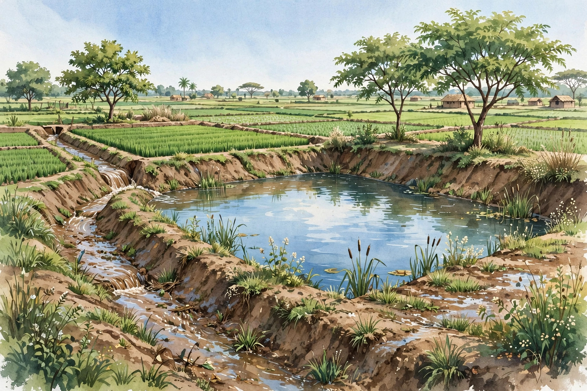 A farm pond filled with rainwater with sloped earthen banks beside green crop fields