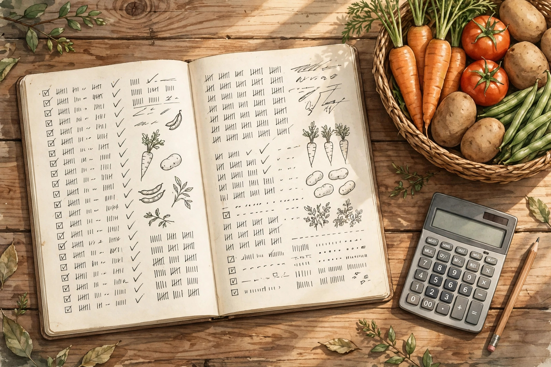 Open notebook with farm records beside harvested crops