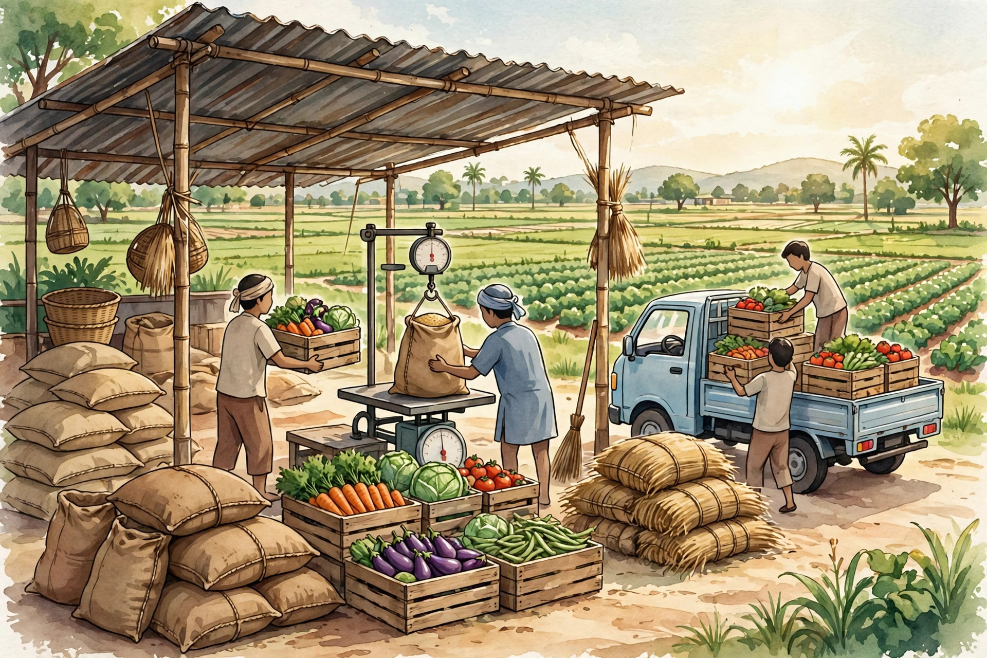 Farmers loading sacks of grain and crates of vegetables onto a truck at a rural collection centre