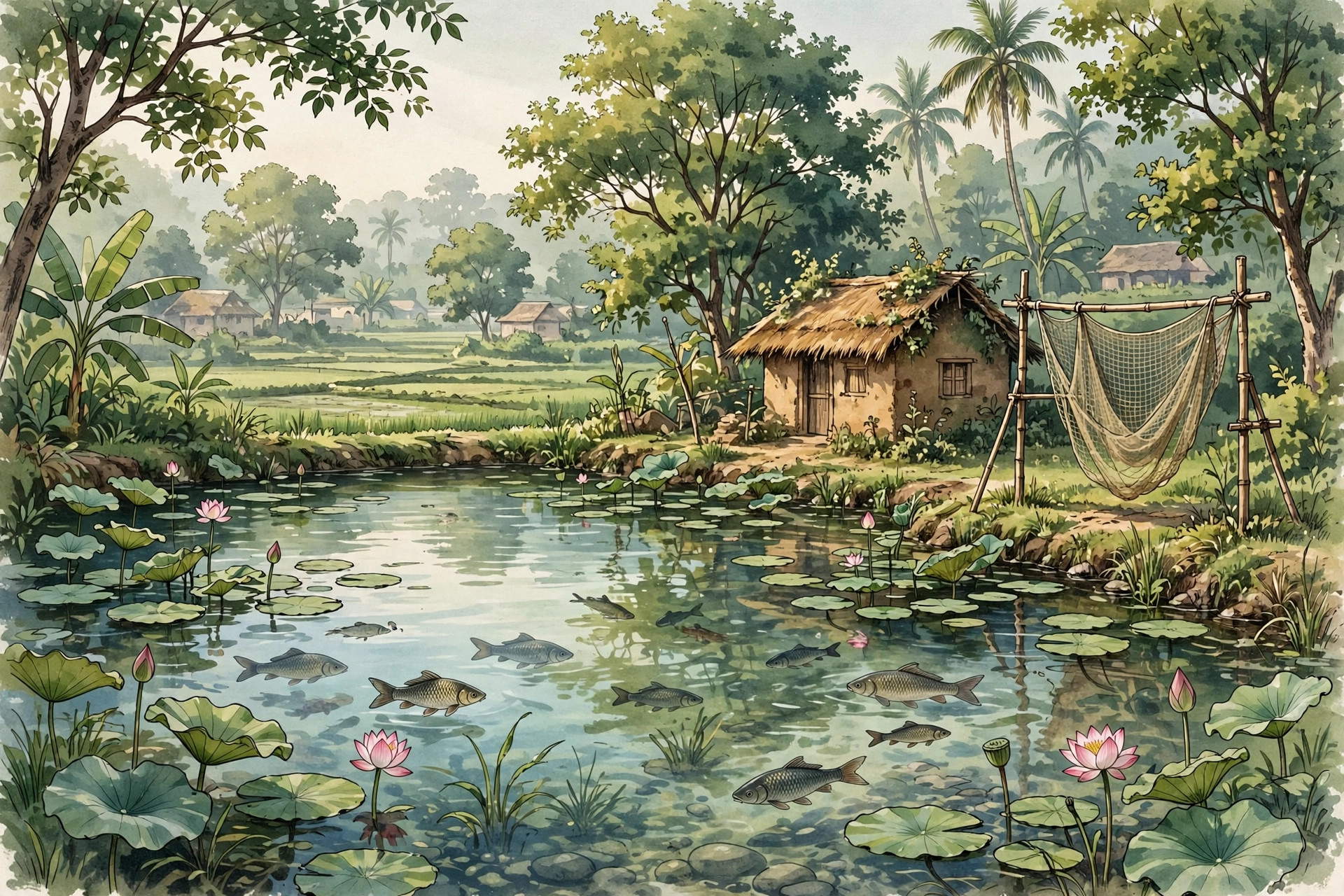 Illustration of a green farm pond with fish, aquatic plants and a farmer's hut nearby