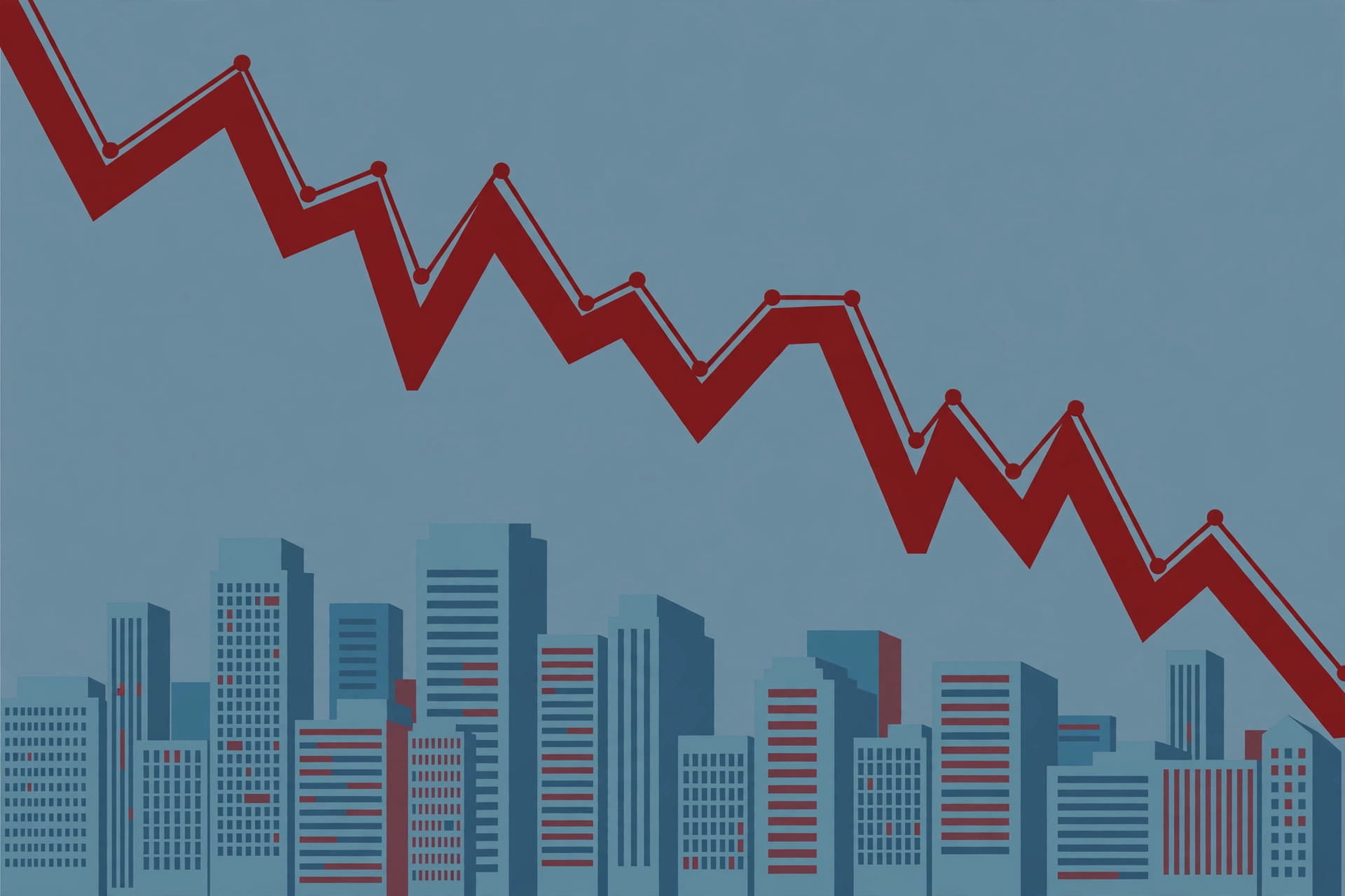 Editorial illustration of a falling stock market line over a city skyline