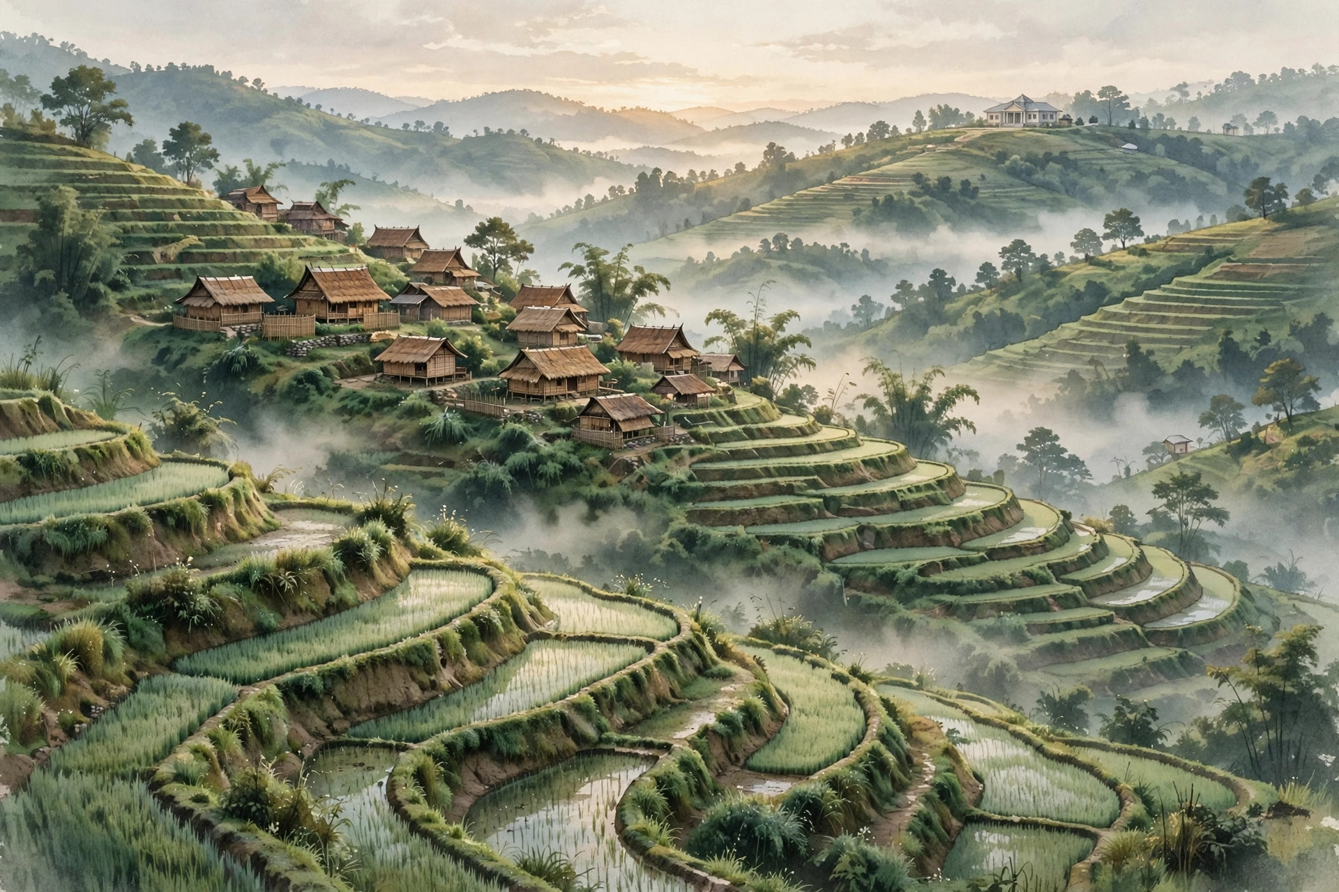 Editorial illustration of misty green hills in eastern Nagaland at dawn, with terraced fields, a hillside village and a small government building in the distance