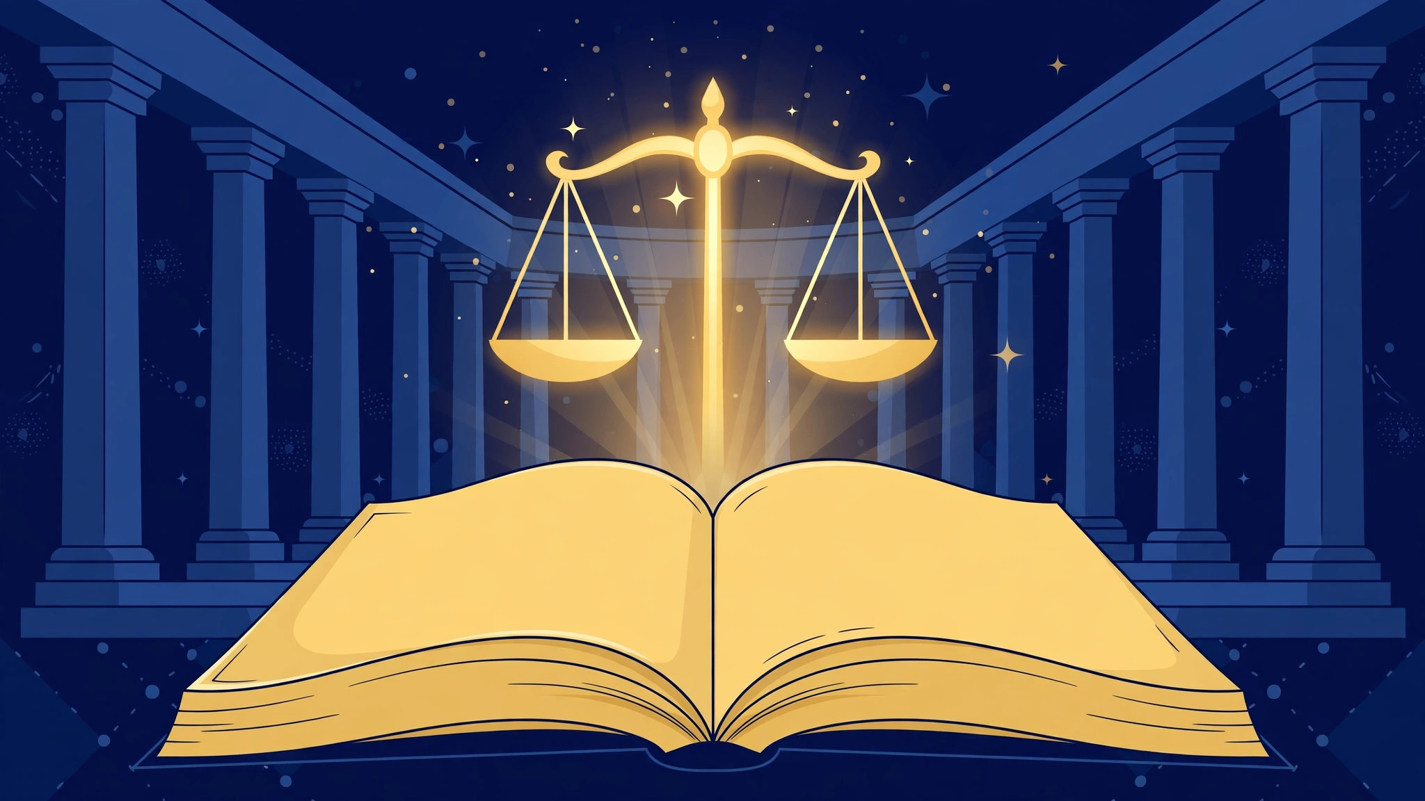 Illustration of an open book with the scales of justice above it, in front of courthouse pillars