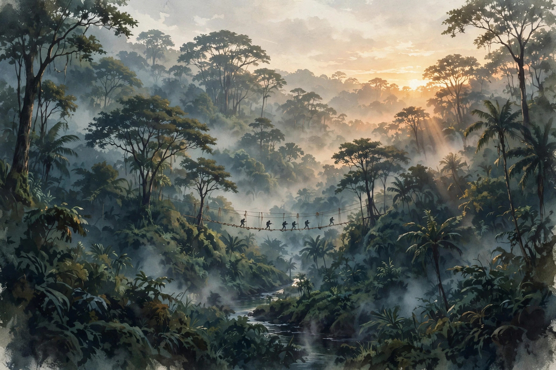 Editorial illustration of soldiers crossing a rope bridge in a misty jungle at sunrise
