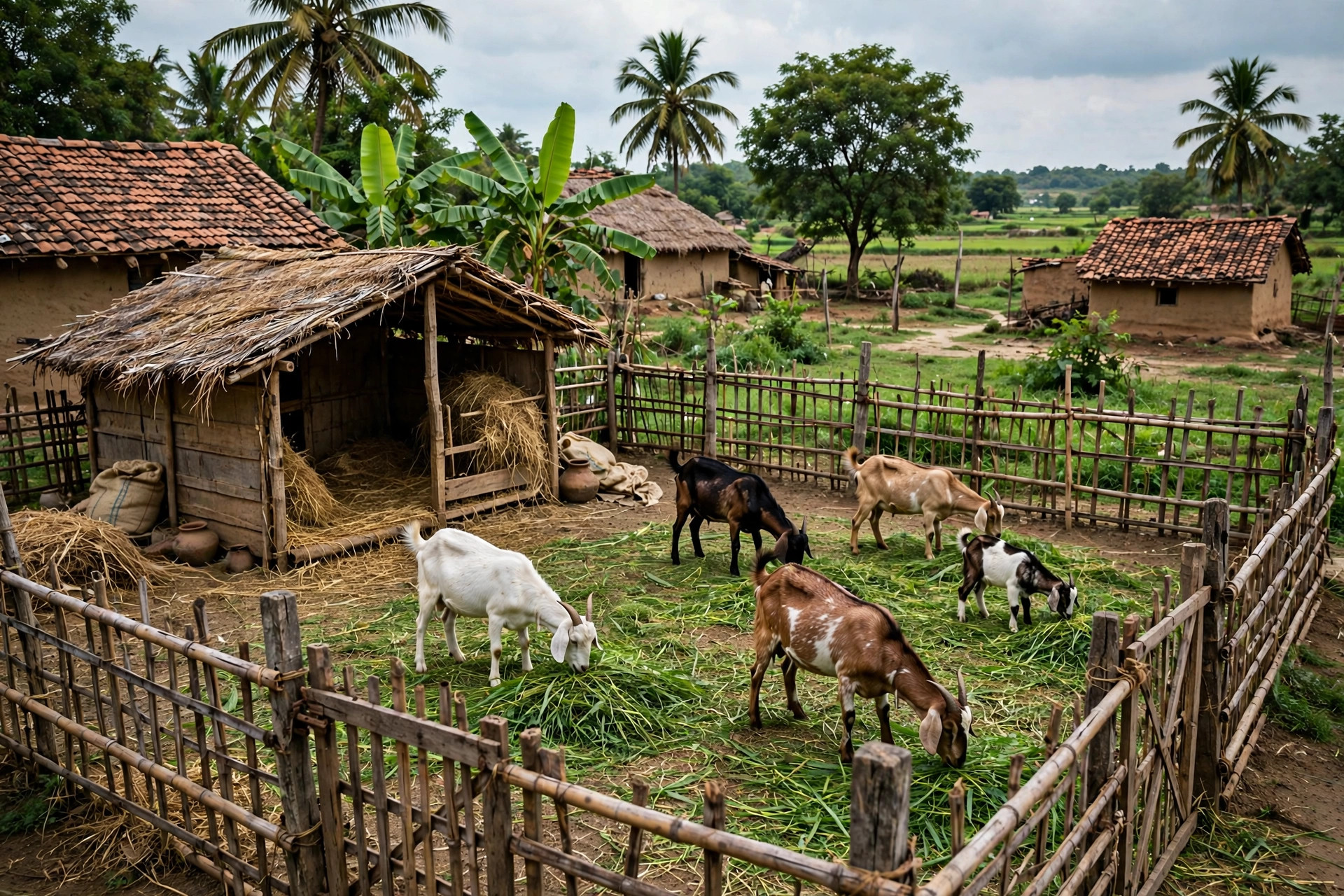 Small rural goat shed with goats grazing on green fodder in a fenced yard