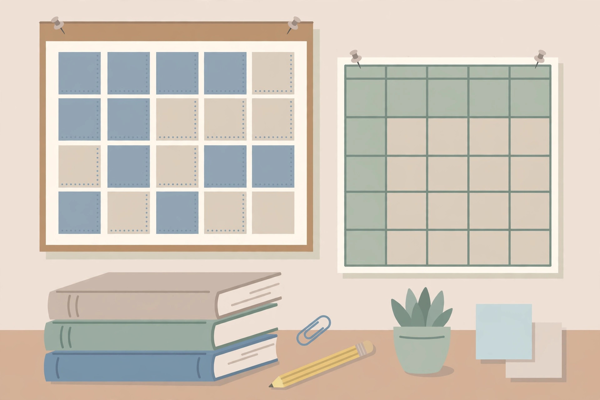 Illustration of a wall calendar, study timetable, stacked books and a pencil