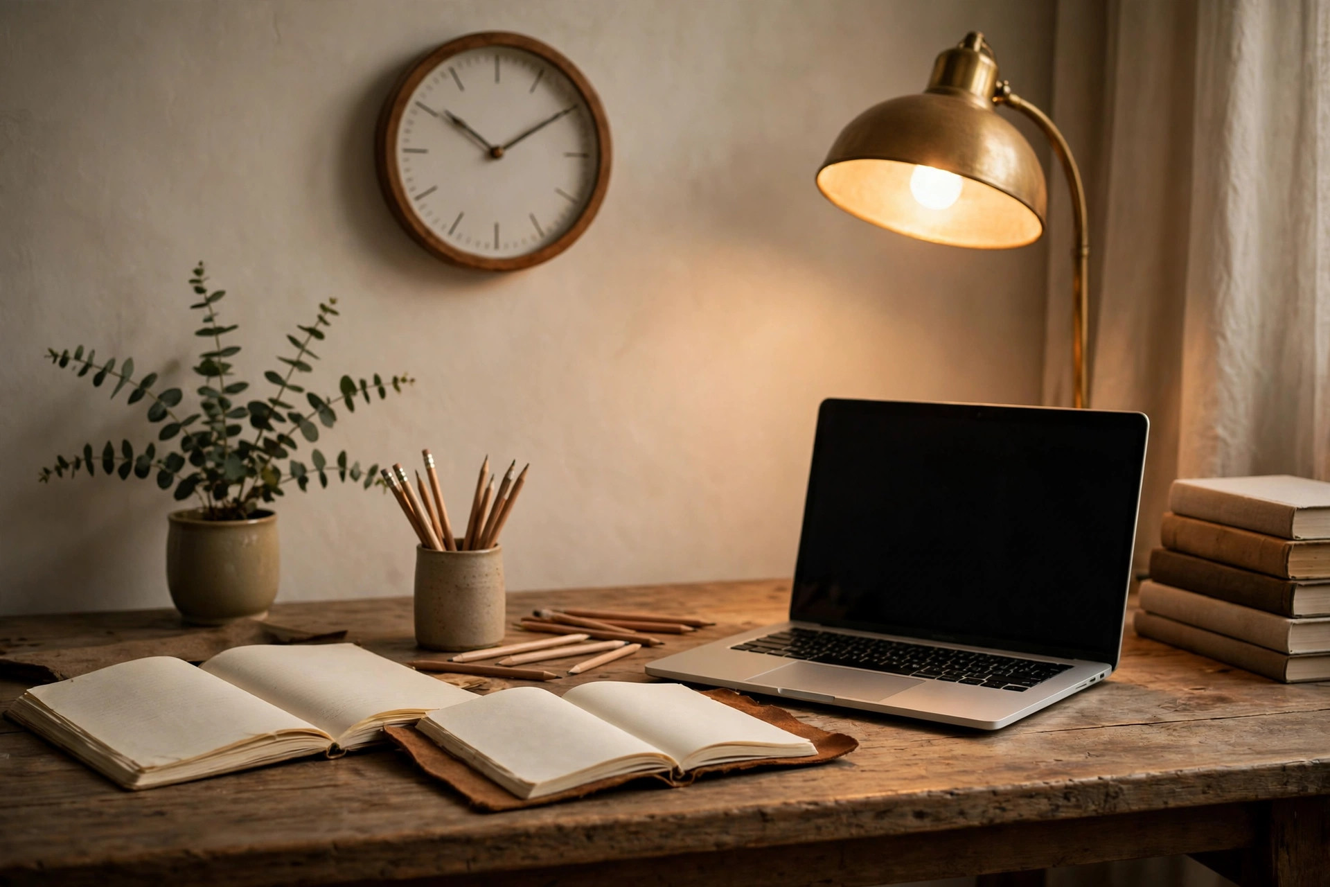 Quiet study desk with open notebooks, a wall clock, pencils and a laptop