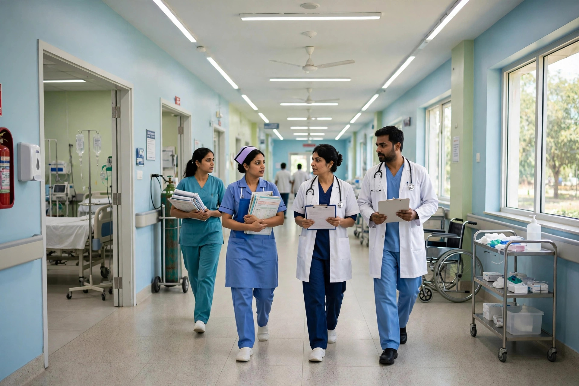 Nurses and doctors in uniform walking through a bright government hospital corridor