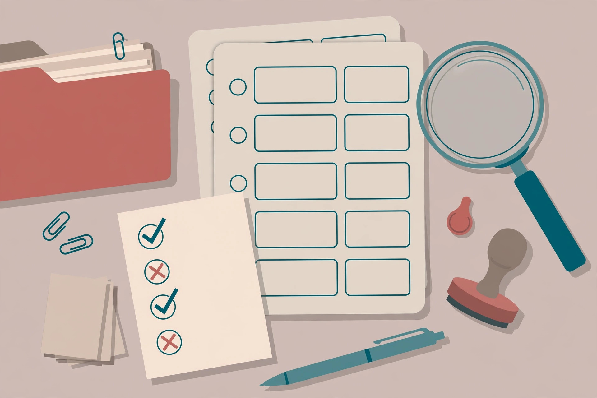 Application form with checklist, magnifying glass and documents on a desk