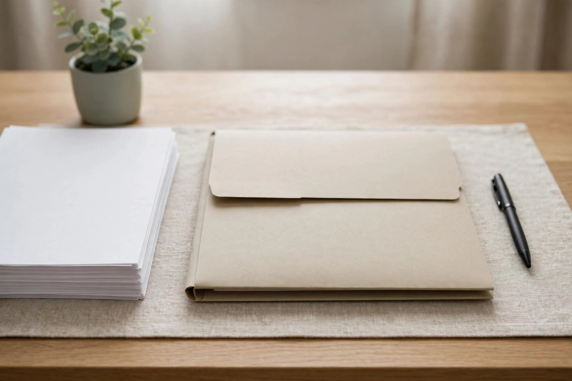 A neatly arranged folder of blank certificates and documents on a desk with a pen, symbolising interview and verification preparation without showing any person.