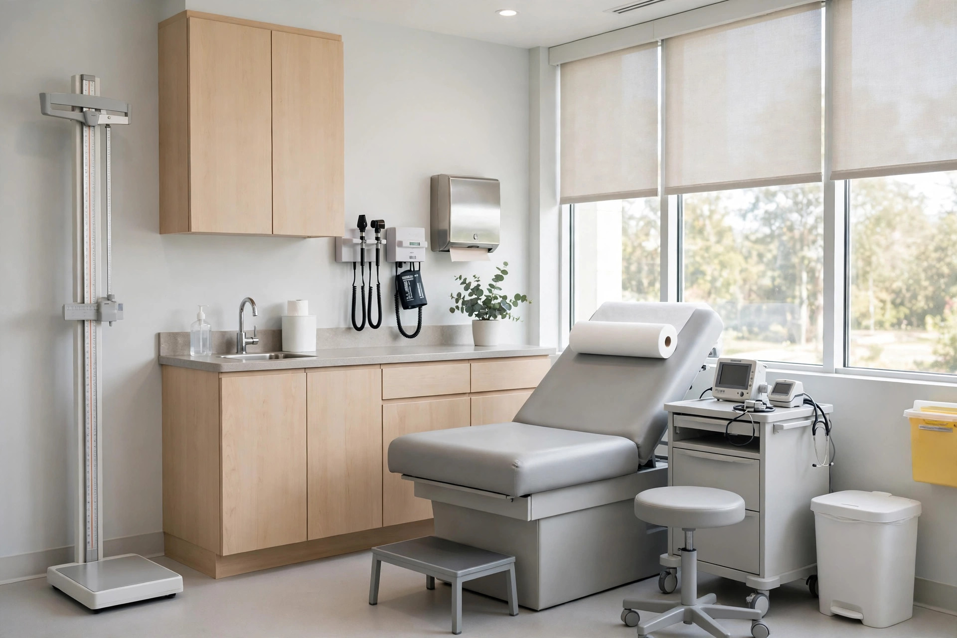 Clean modern medical check-up room with examination couch and equipment