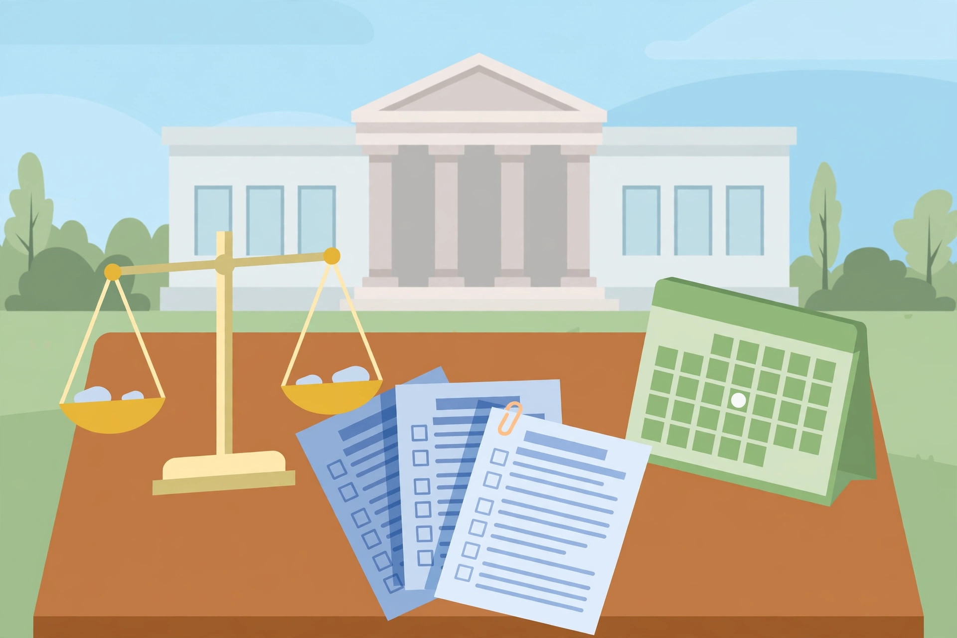 Illustration of balanced scales, application forms and a calendar on a desk