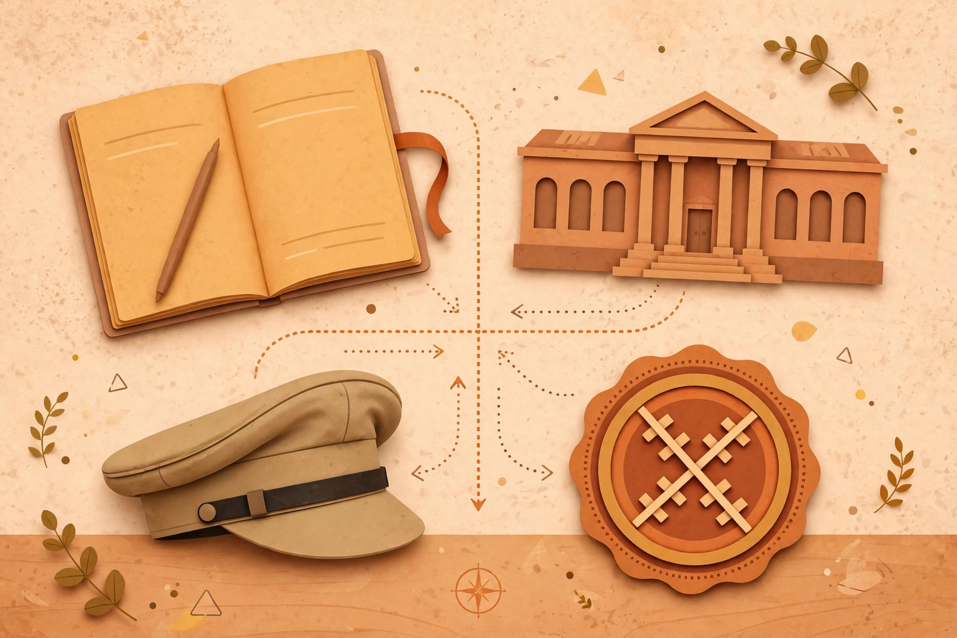 Illustration of career options after school, with a notebook, office building and uniform cap on a desk