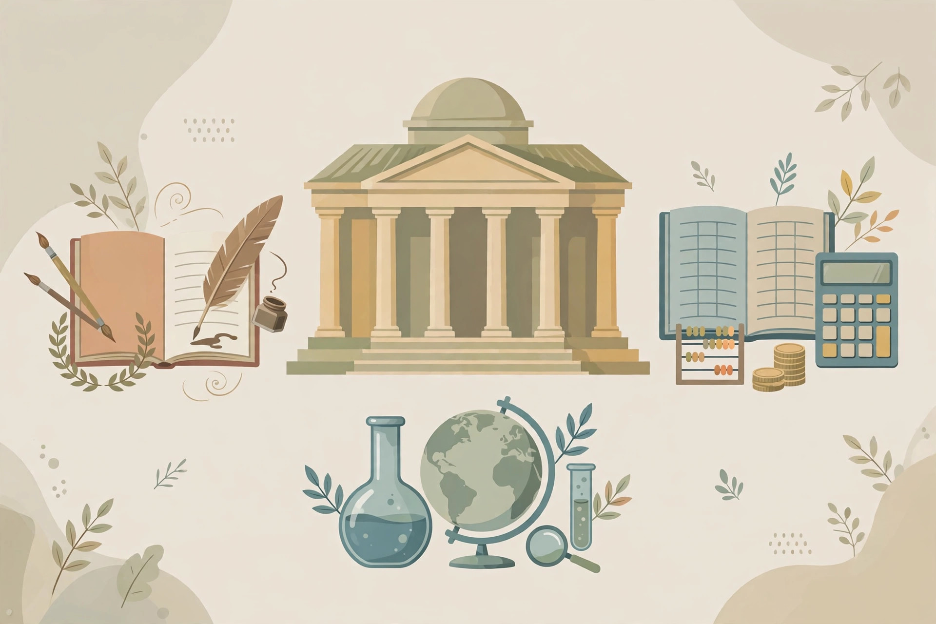 Symbols for arts, commerce and science studies around a government building