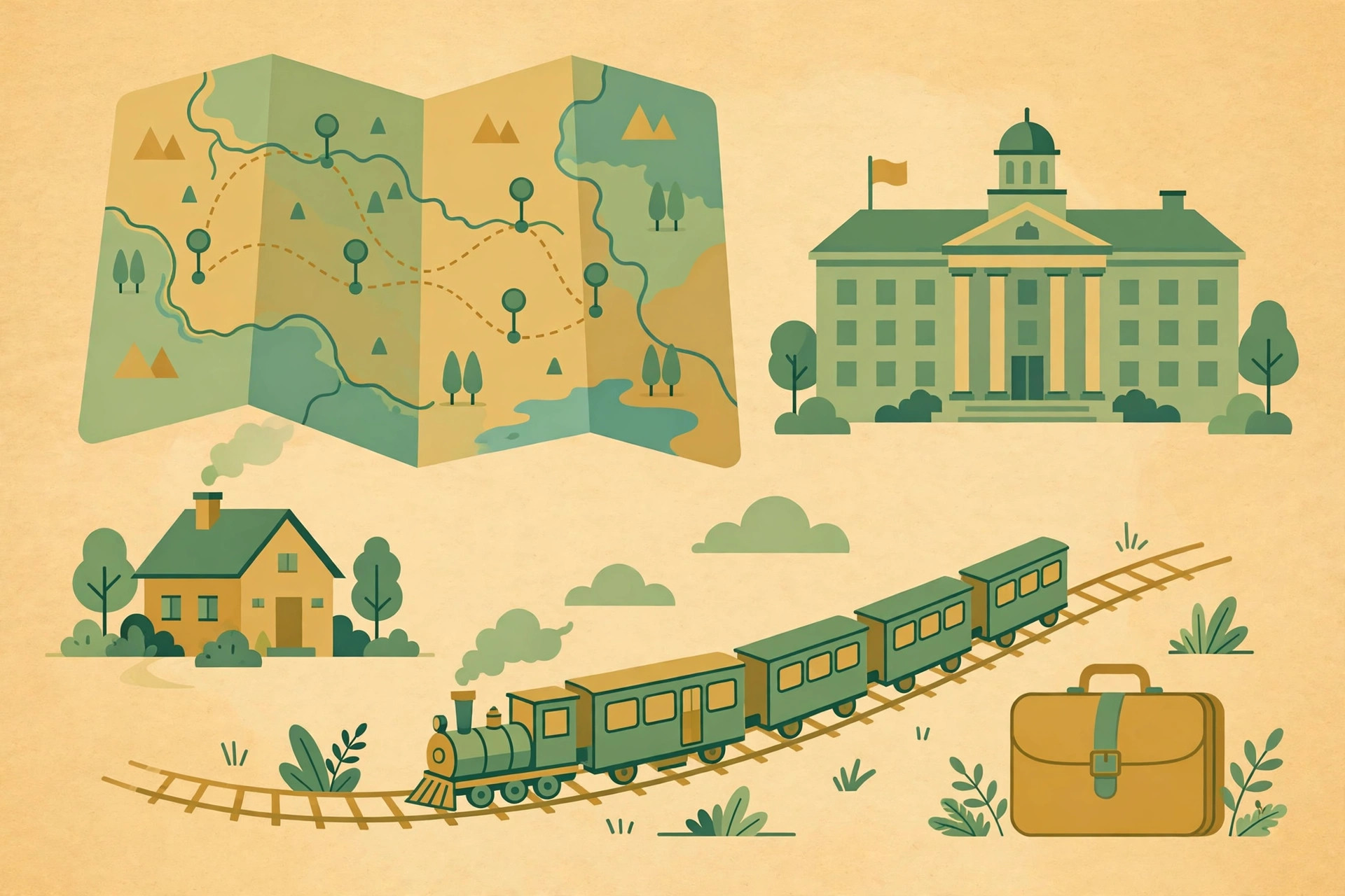 Map with route pins, a house, a train and a government office building