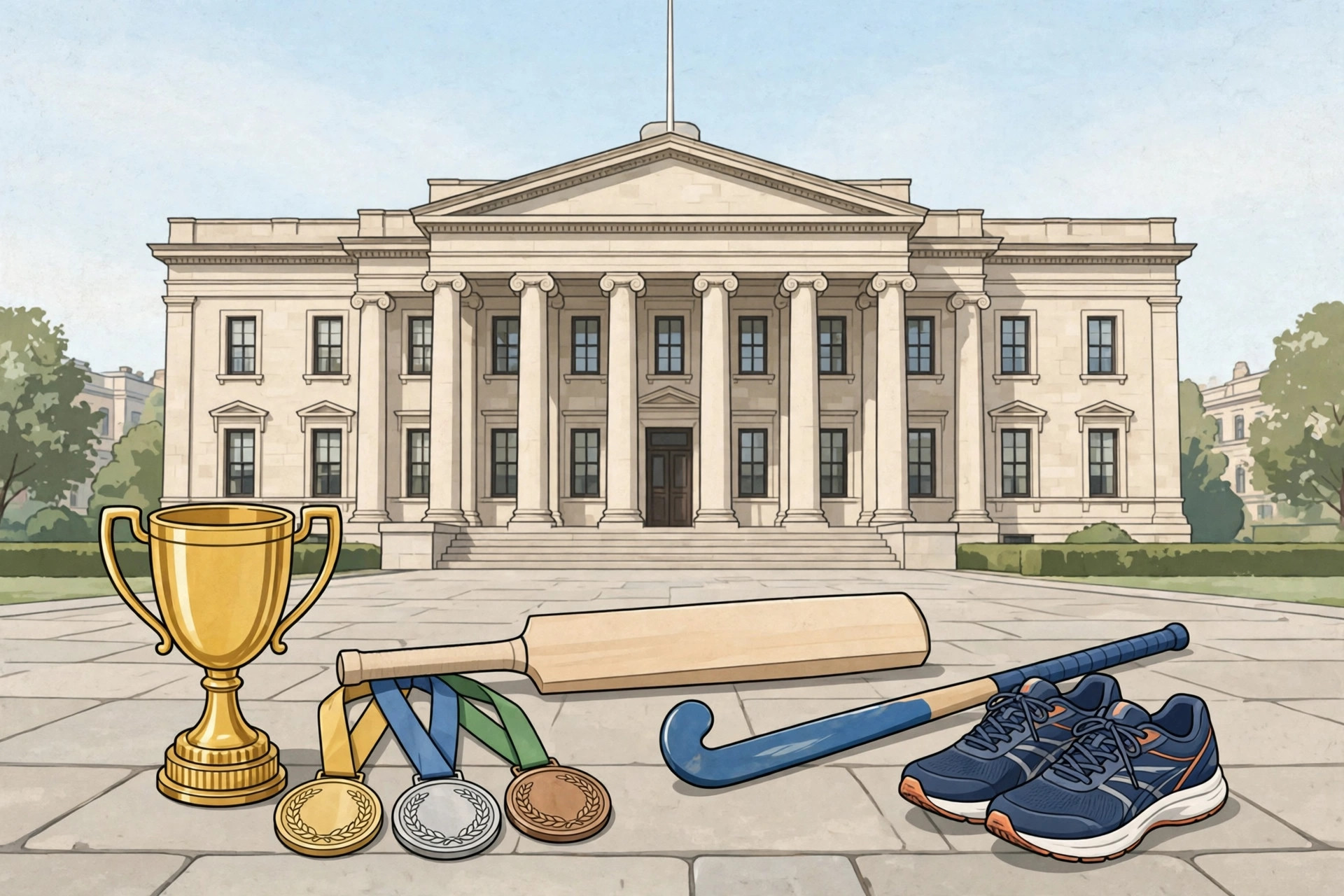 Illustration of sports equipment and a trophy beside a government office building