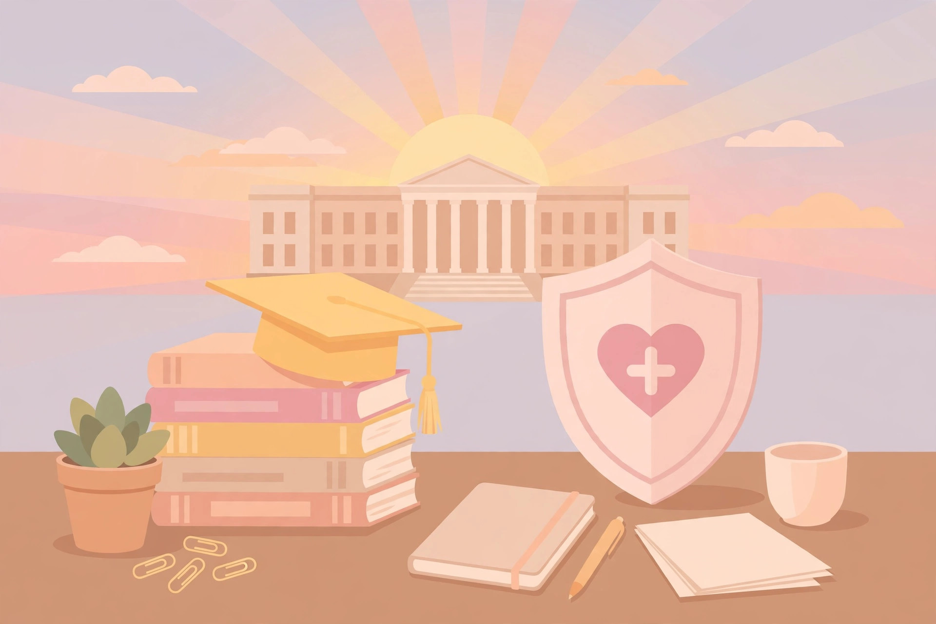 Books, graduation cap and shield symbolising support for women candidates