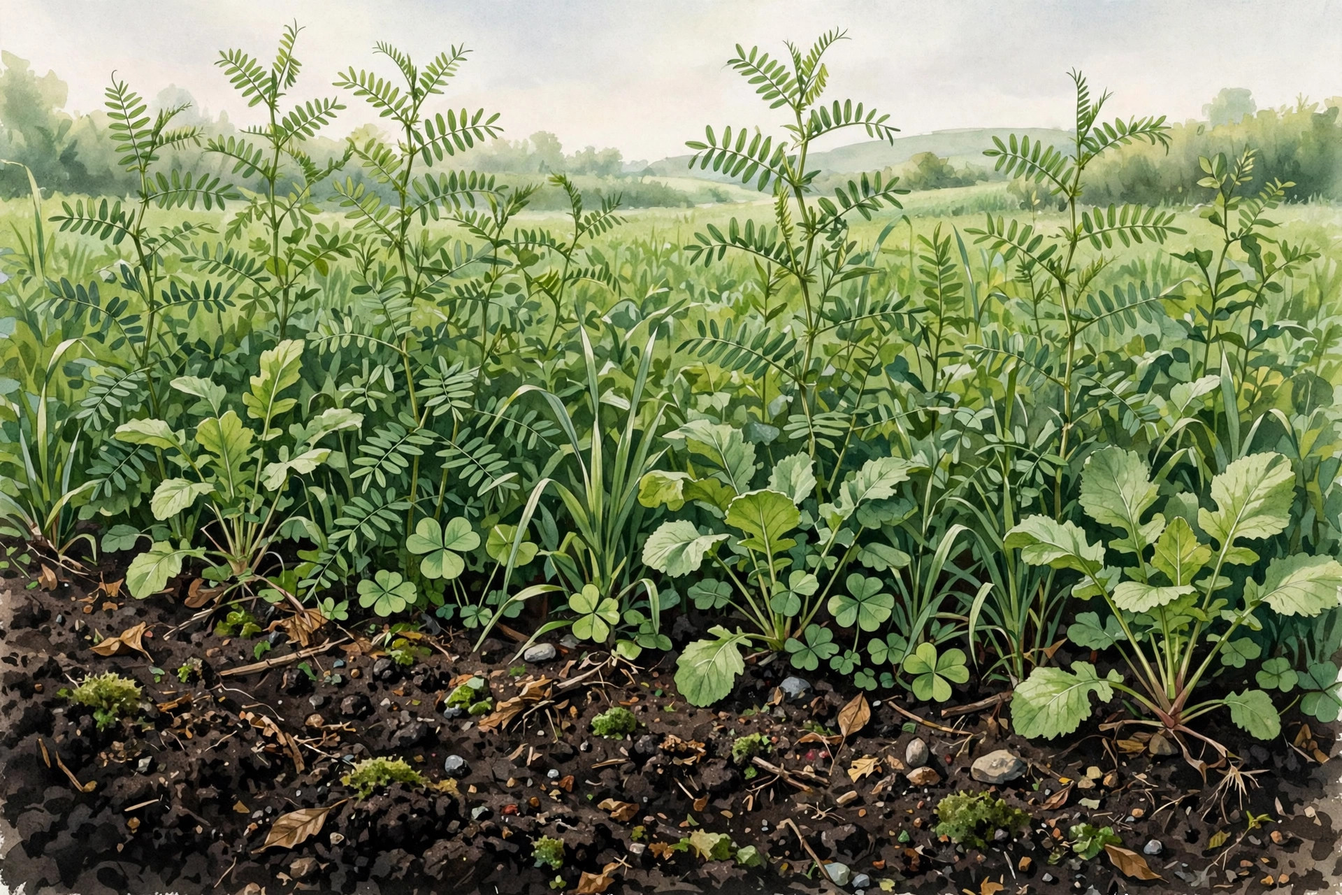 Lush green cover crop growing in a field