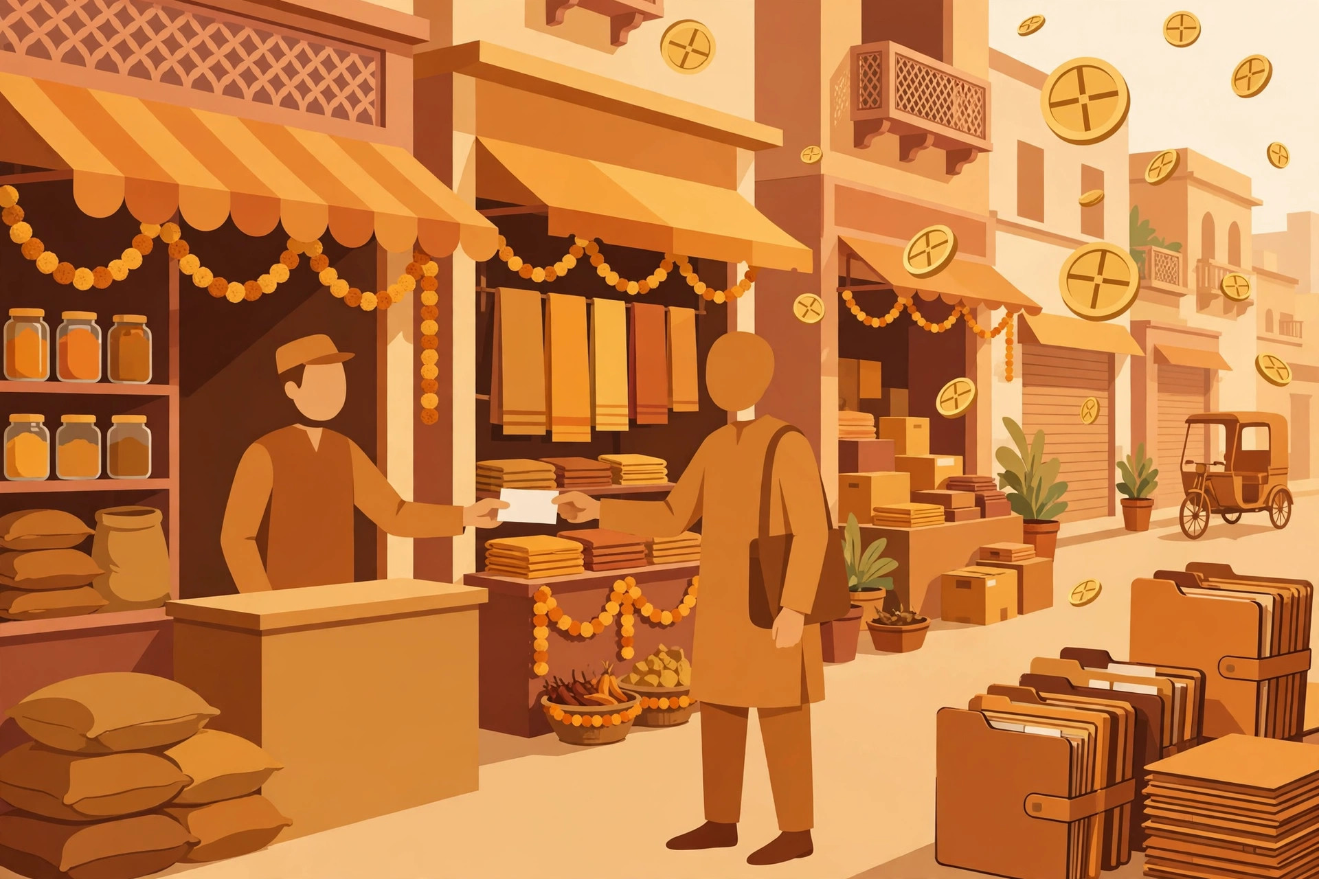 Illustration of an Indian marketplace street with a shopkeeper handing a receipt to a customer, coins and document folders