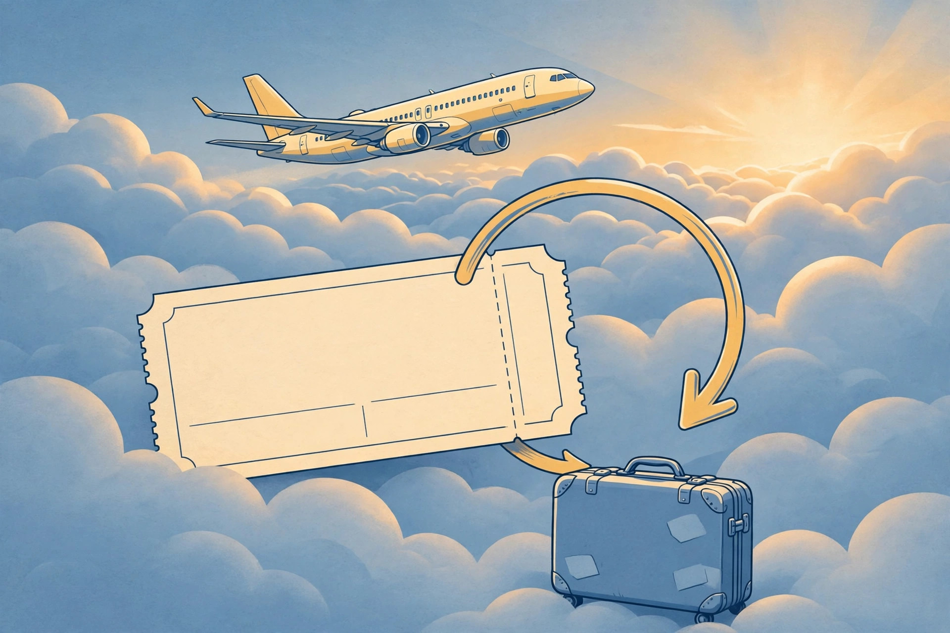 Editorial illustration of a stylised passenger aeroplane flying above clouds, with a blank paper air ticket and a circular refund arrow looping back toward a suitcase
