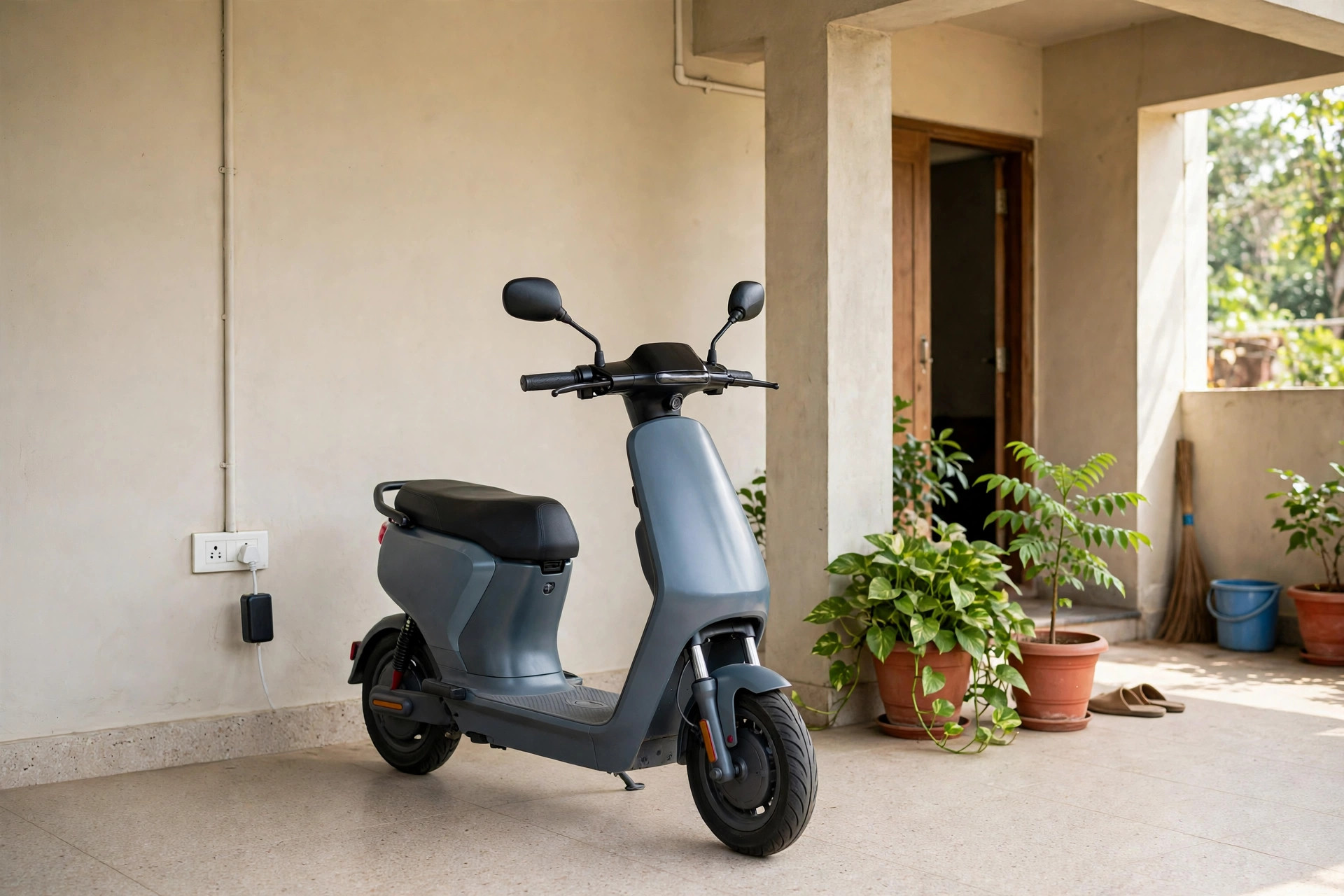 An electric scooter charging from a wall socket in a clean home parking area at night, cable neatly routed, no people or text visible.