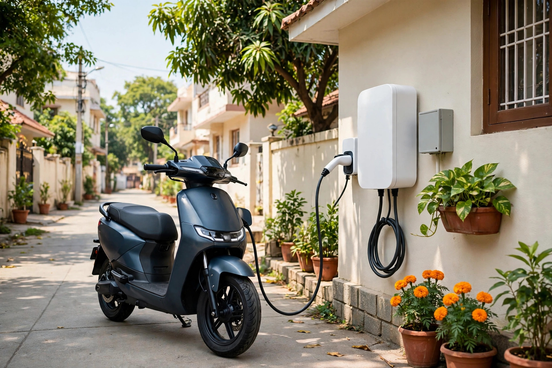 A modern electric scooter parked in a sunny Indian city street with a charging cable nearby, no people or text visible.
