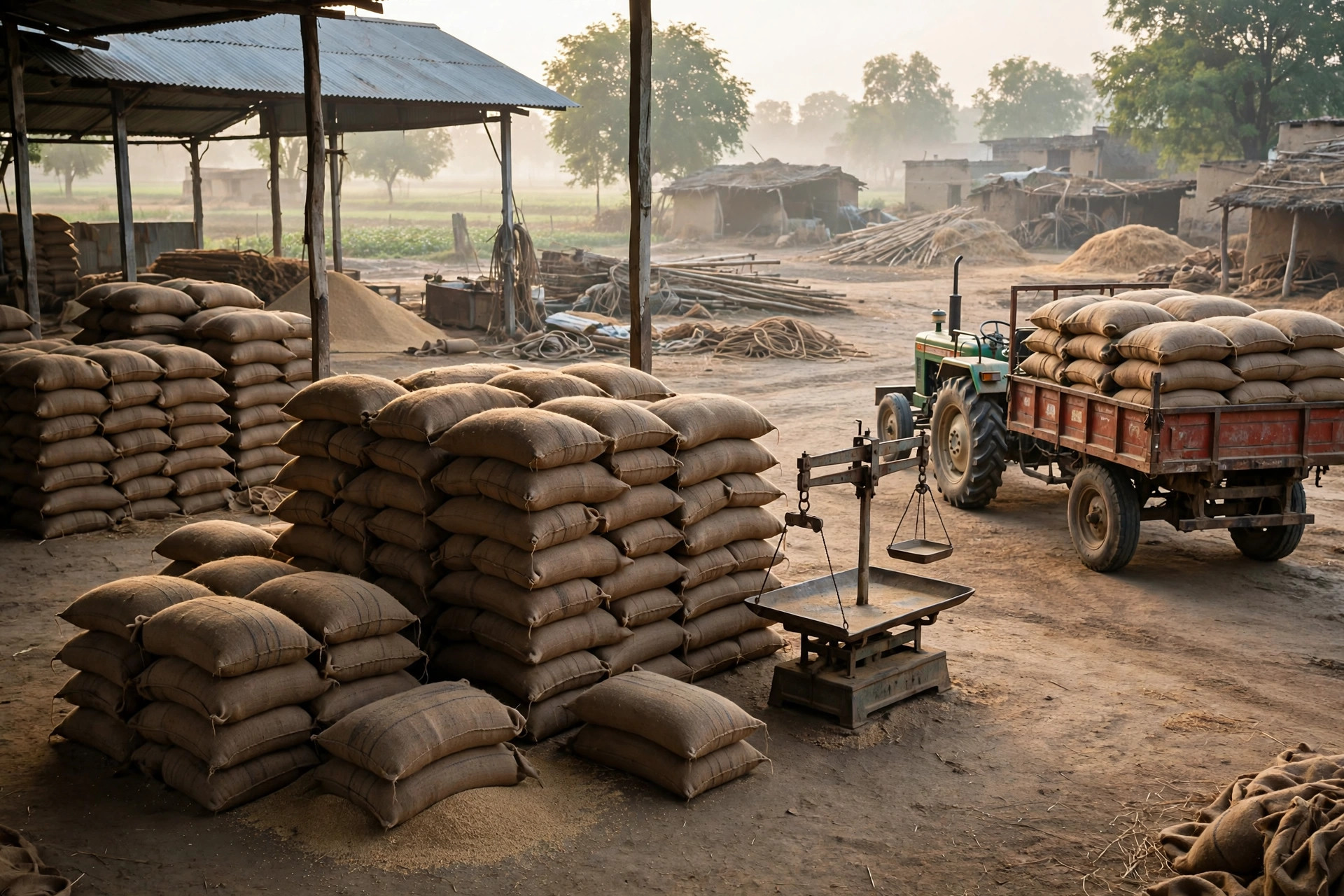 Sacks of harvested grain stacked at a rural mandi yard beside a weighing scale, with no people visible.